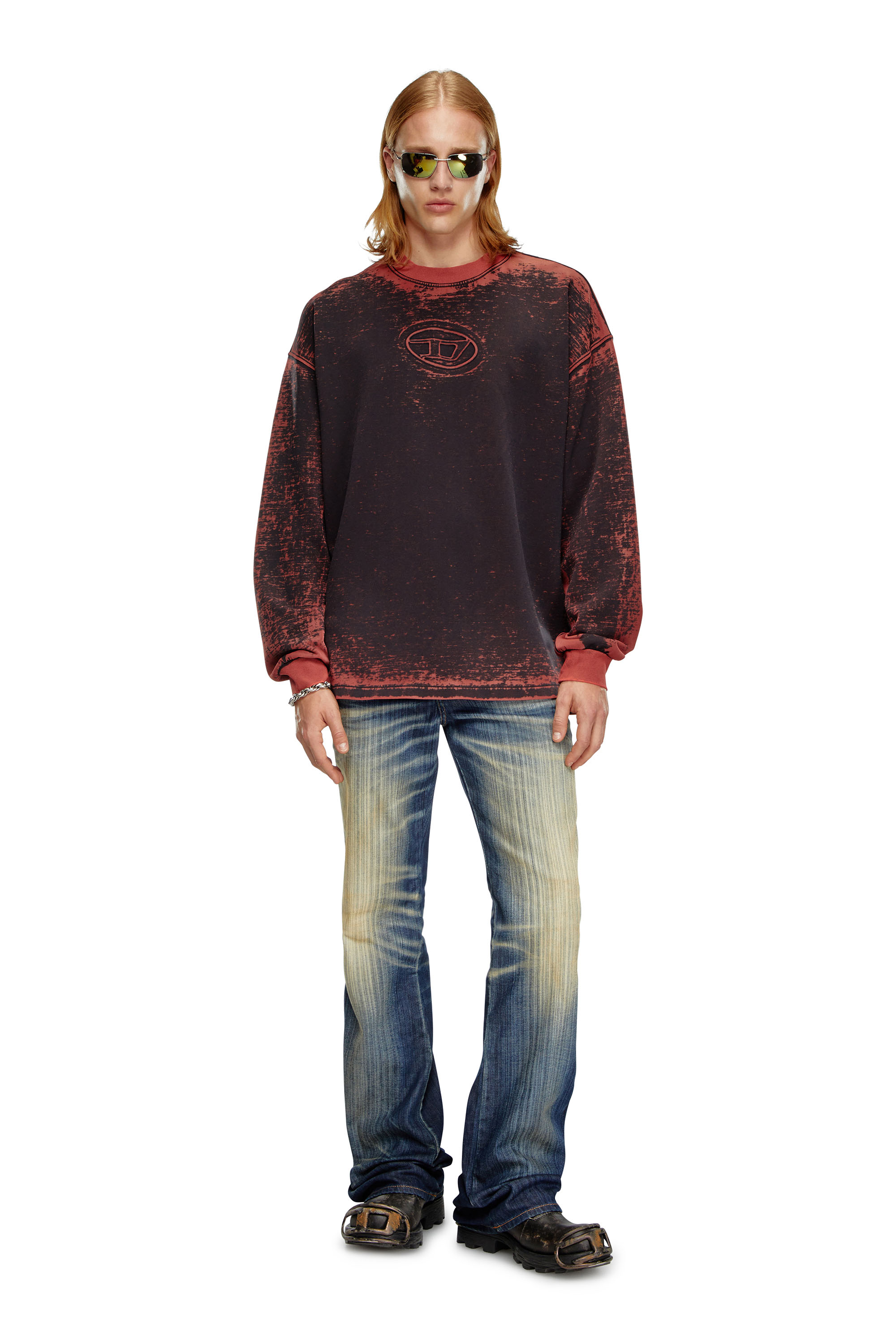 Diesel - S-BAXT-Q1, Male's Burnout sweatshirt with embossed Oval D in Red - 2