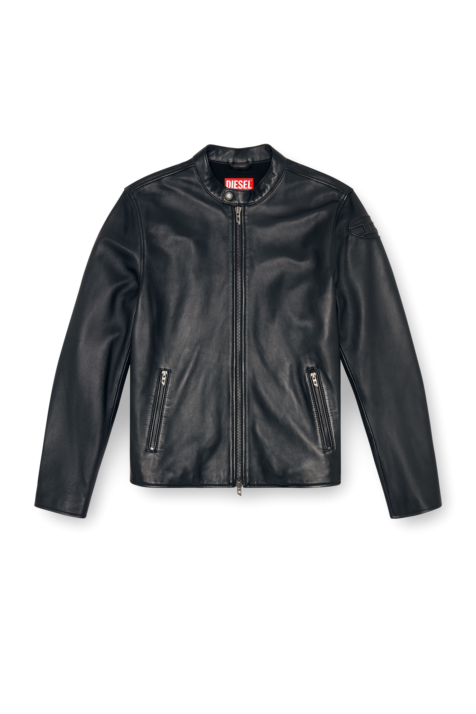 Diesel - L-CARVER, Male's Leather biker jacket with embossed logo in Black - 5