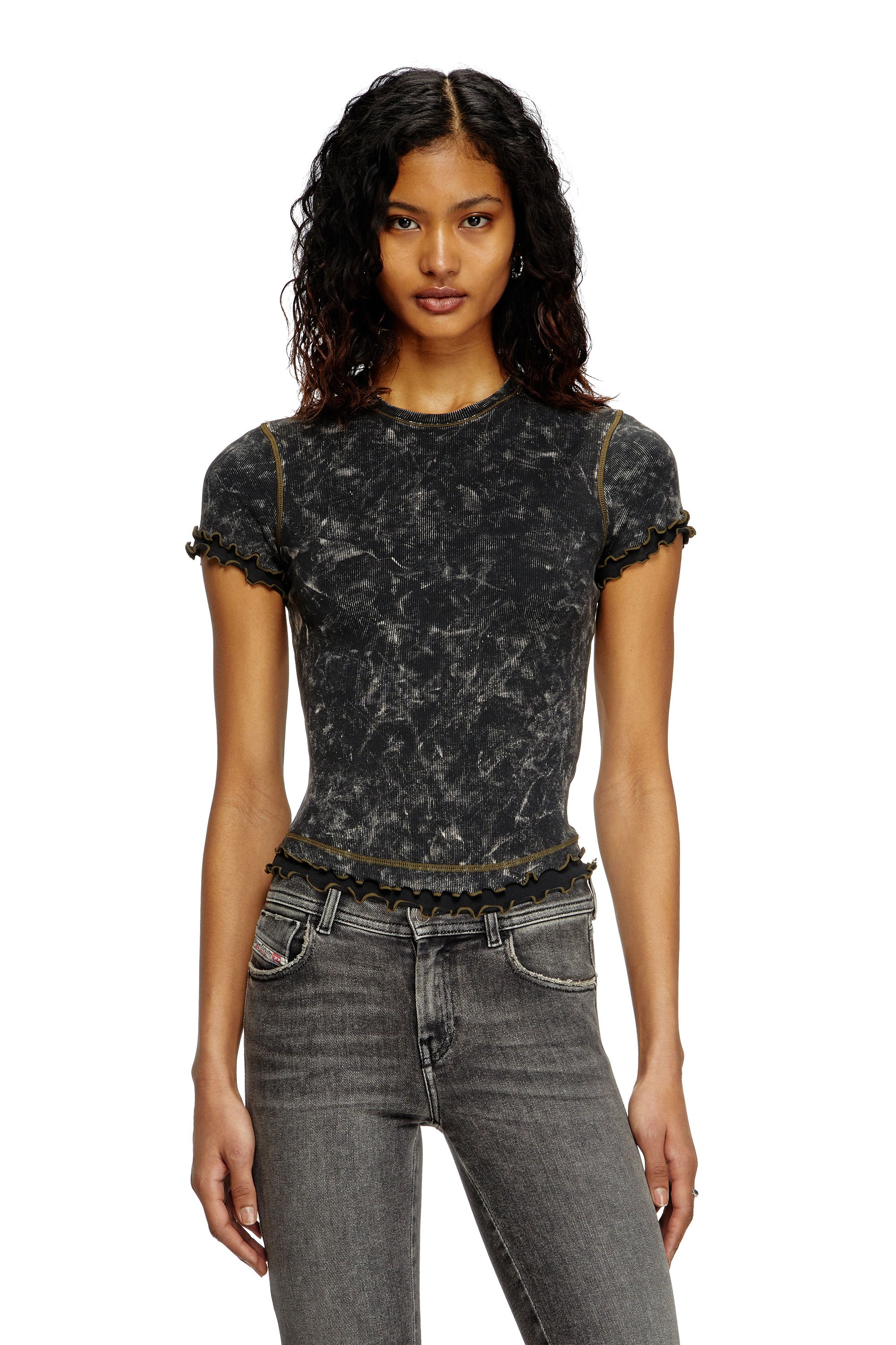 Diesel - T-FLU, Female's Marbled T-shirt with ruffled trims in Black - 1