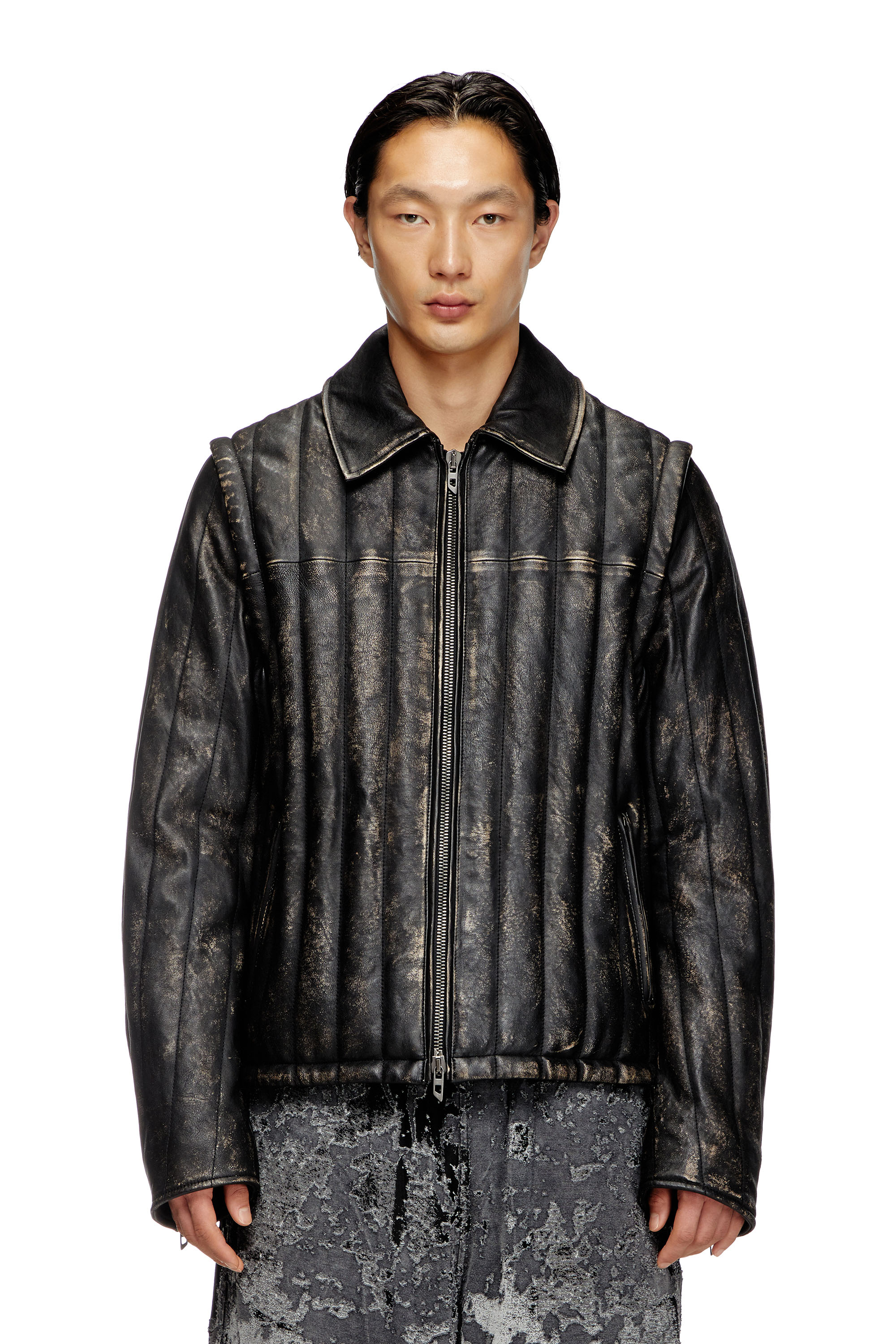 Diesel - L-ALBERT, Male's Distressed quilted leather jacket/vest in Black - 1