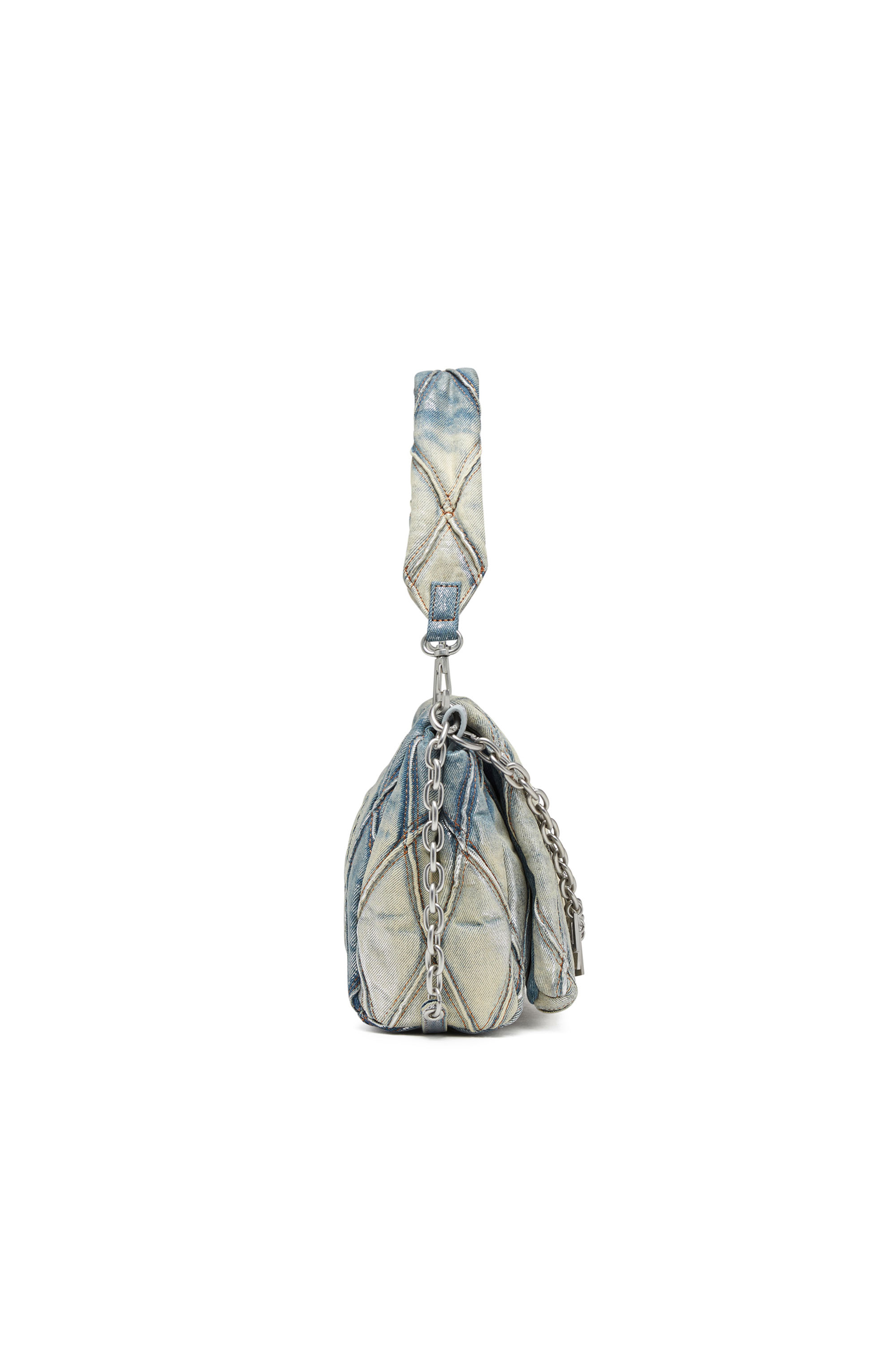 Diesel - CHARM-D SHOULDER M, Female's Charm-D M-Shoulder bag in metallic quilted denim in Light Blue - 3