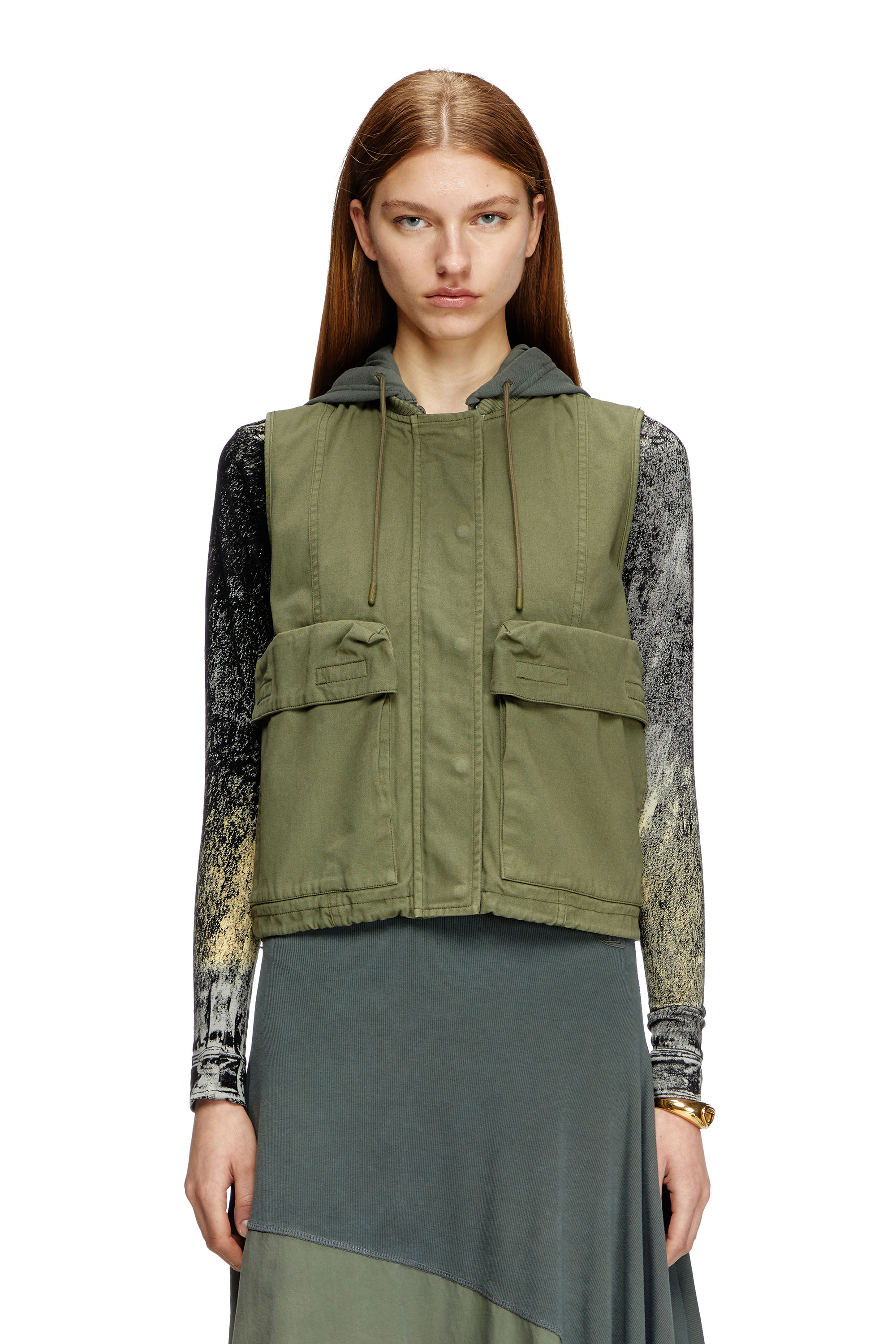 Diesel - G-ENESIS, Hooded cargo vest in cotton twill Femme in Vert - 1