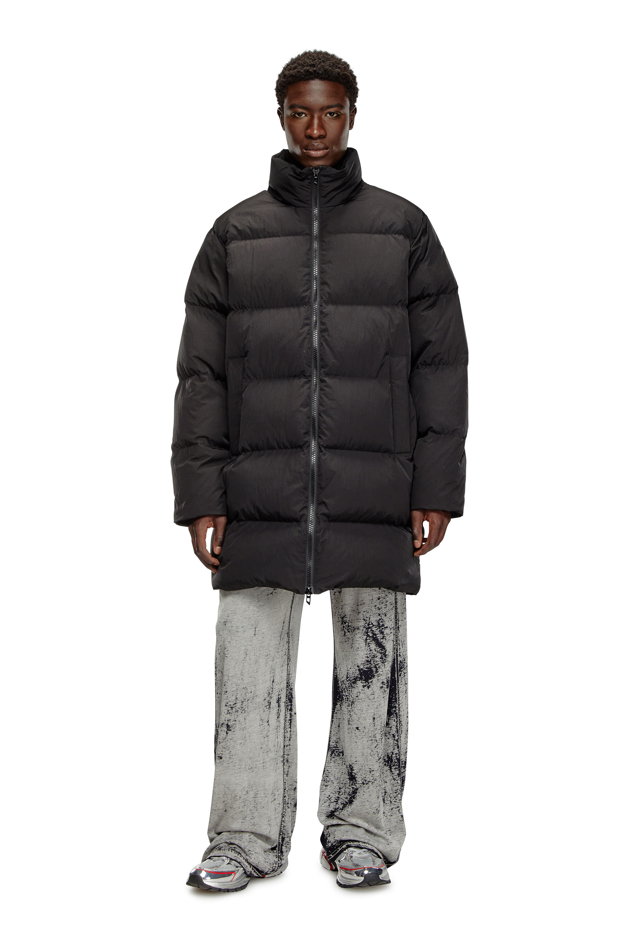 Diesel - W-RAVEEL-LONG, Male's Longline down jacket in crinkled nylon in Black - 1