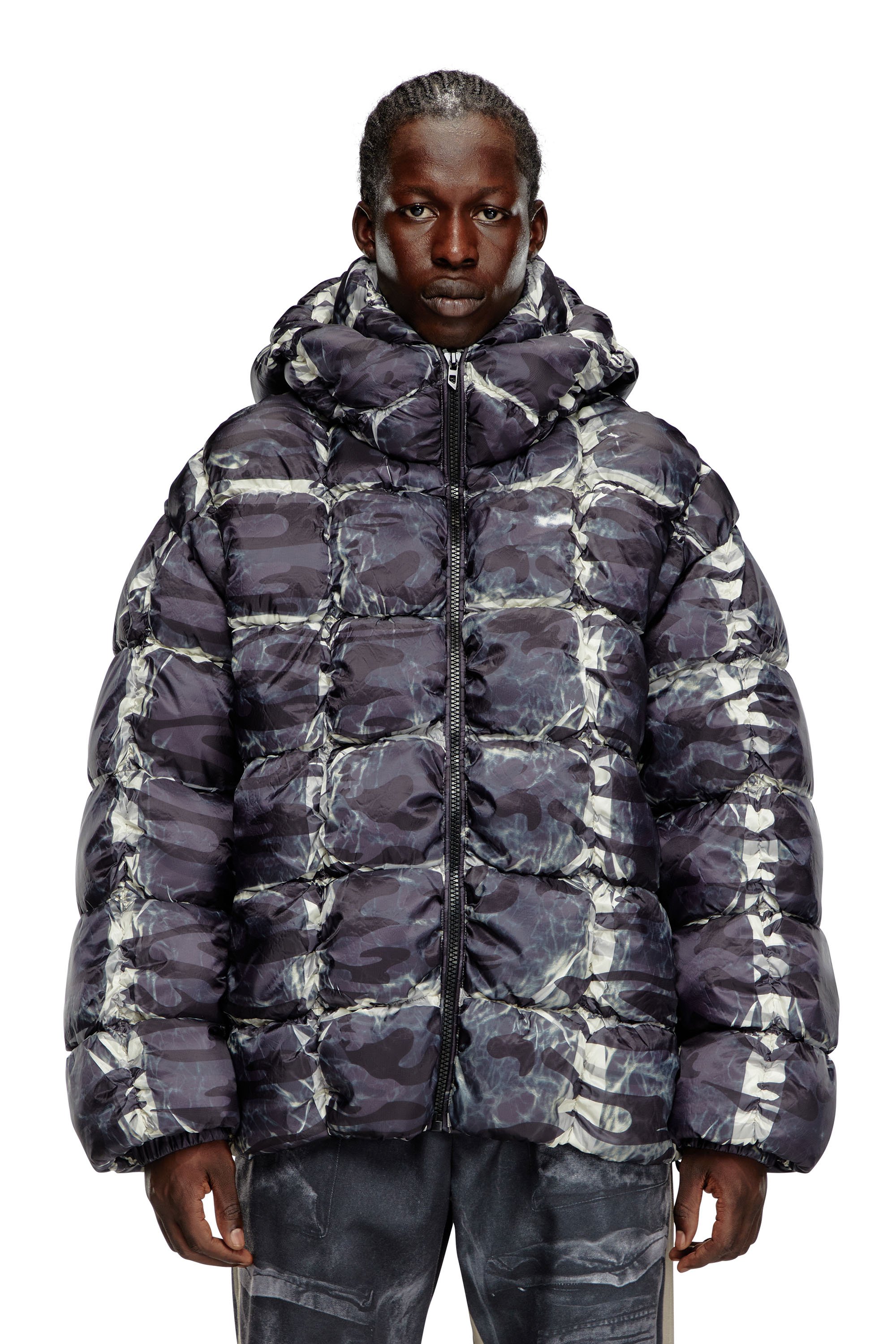 Diesel - W-CLAUS-CAMU, Male Hooded puffer jacket with camo print in Grey - Image 1