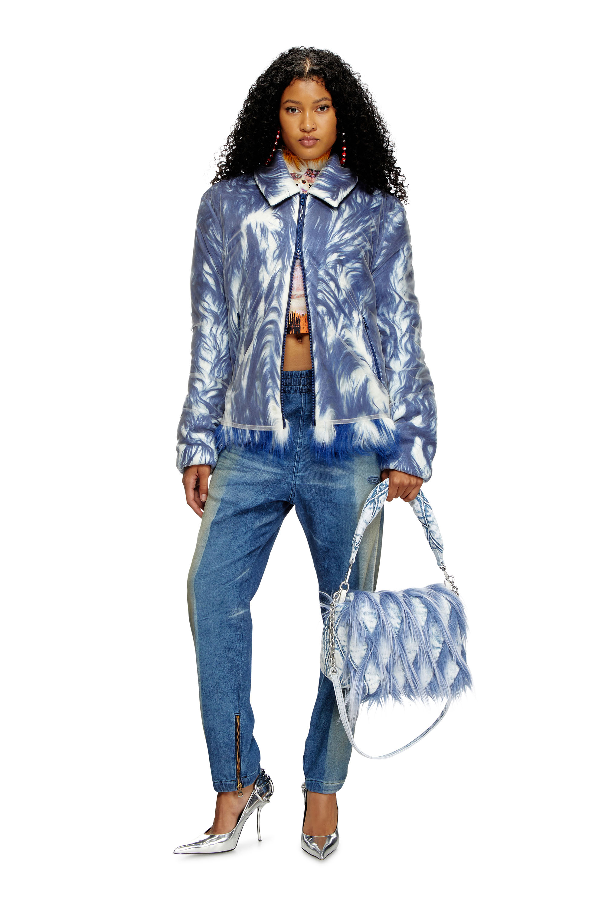 Diesel - CHARM-D SHOULDER M, Female's Charm-D M-Shoulder bag in denim and faux fur in Blue - 6