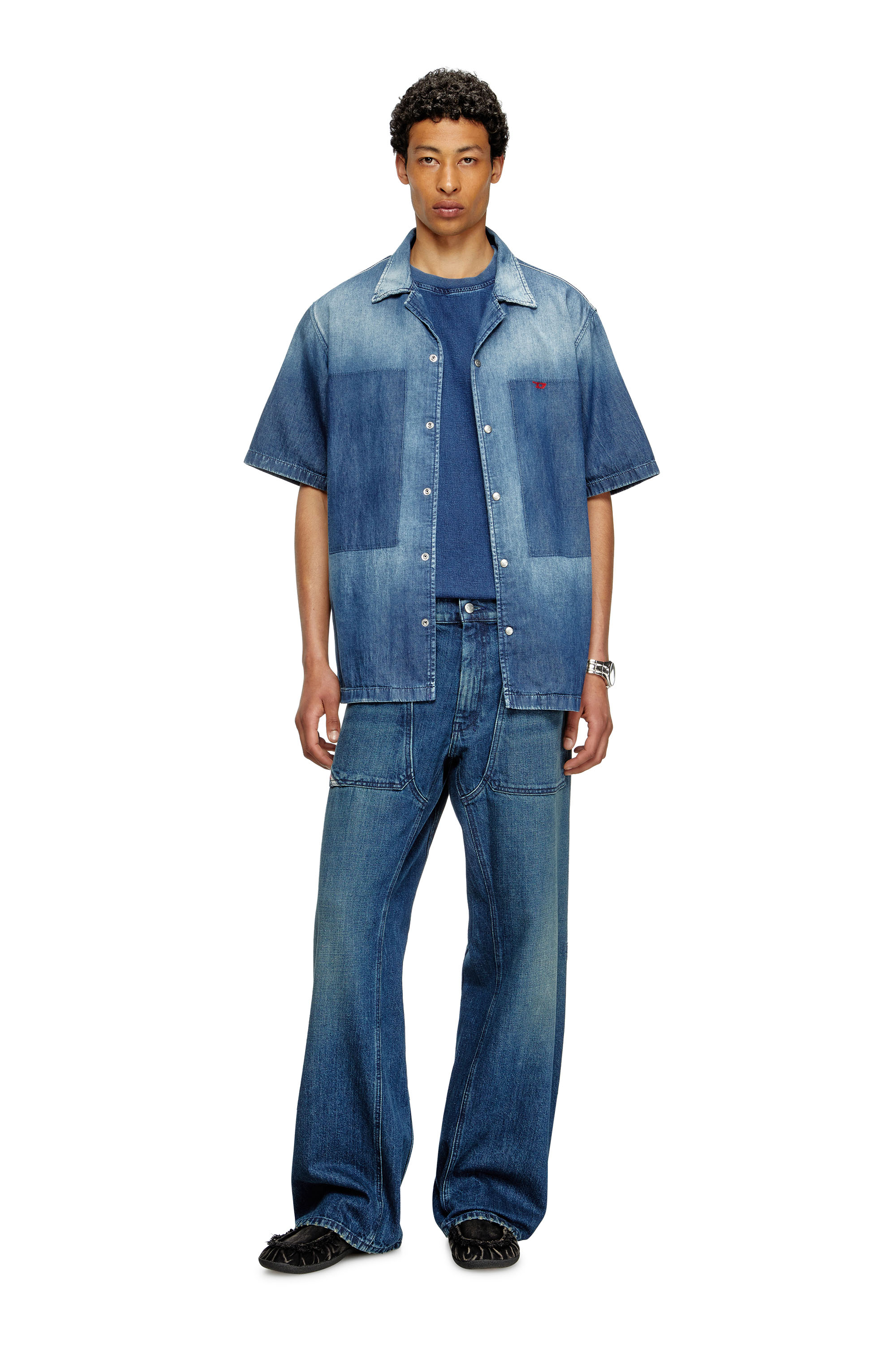 Diesel - D-NABIL-D, Male's Bowling shirt in contrast-effect denim in Medium Blue - 3