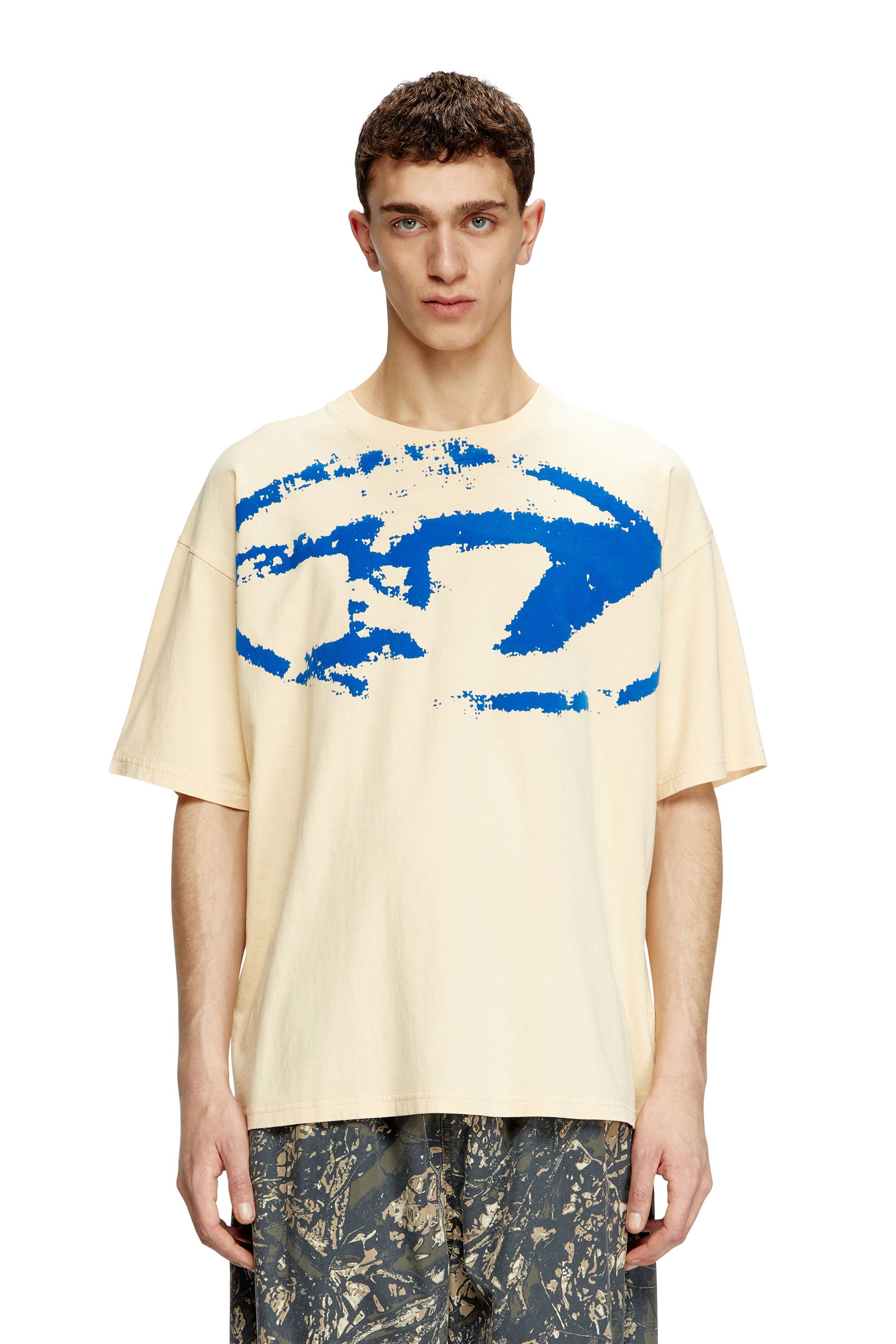 Diesel - T-BOXT-N14, Male's T-shirt with distressed flocked logo in Light Brown - 1