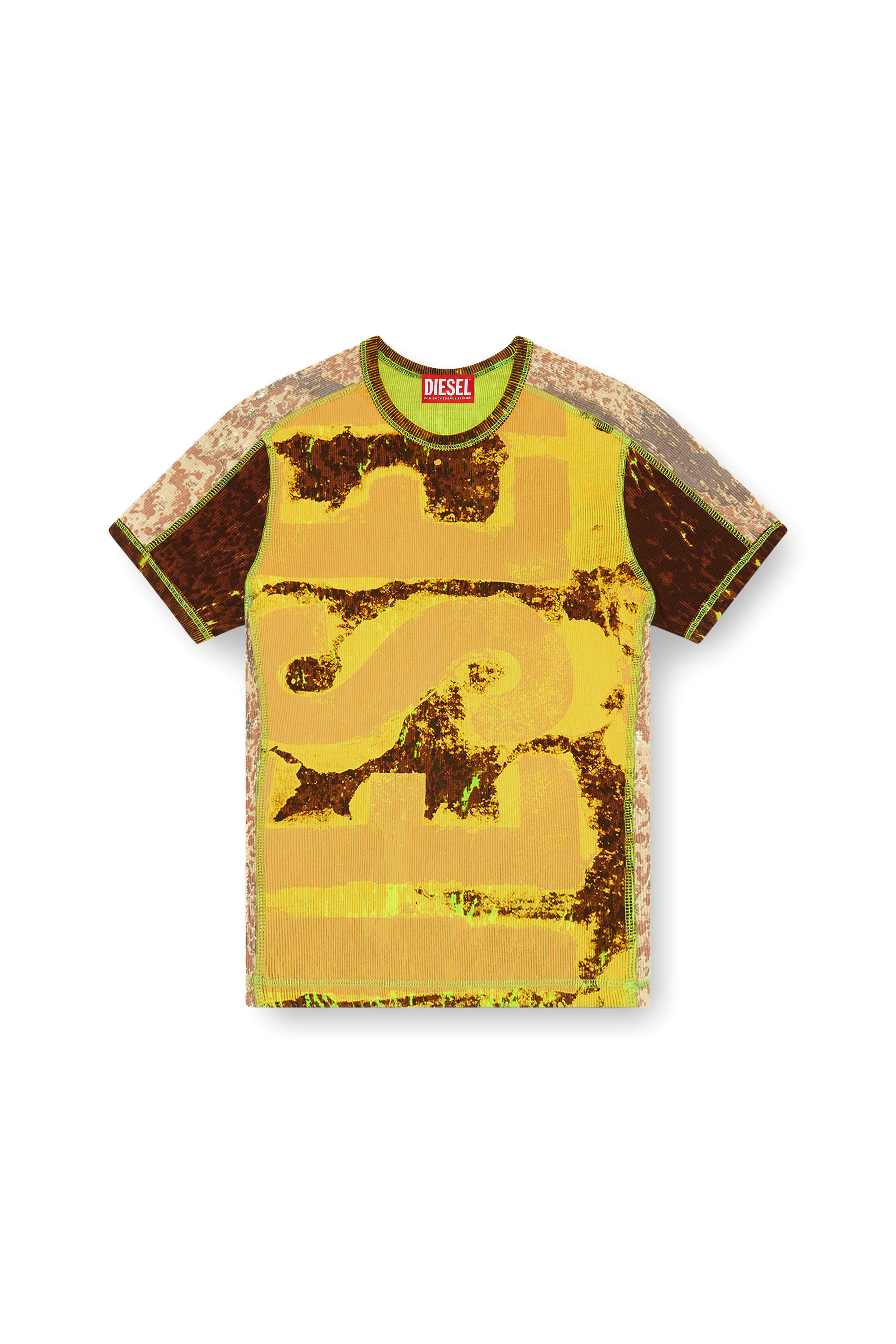 Diesel - T-ELE-LONG-P5, Female's Ribbed T-shirt with abstract print in Brown/Yellow - 4