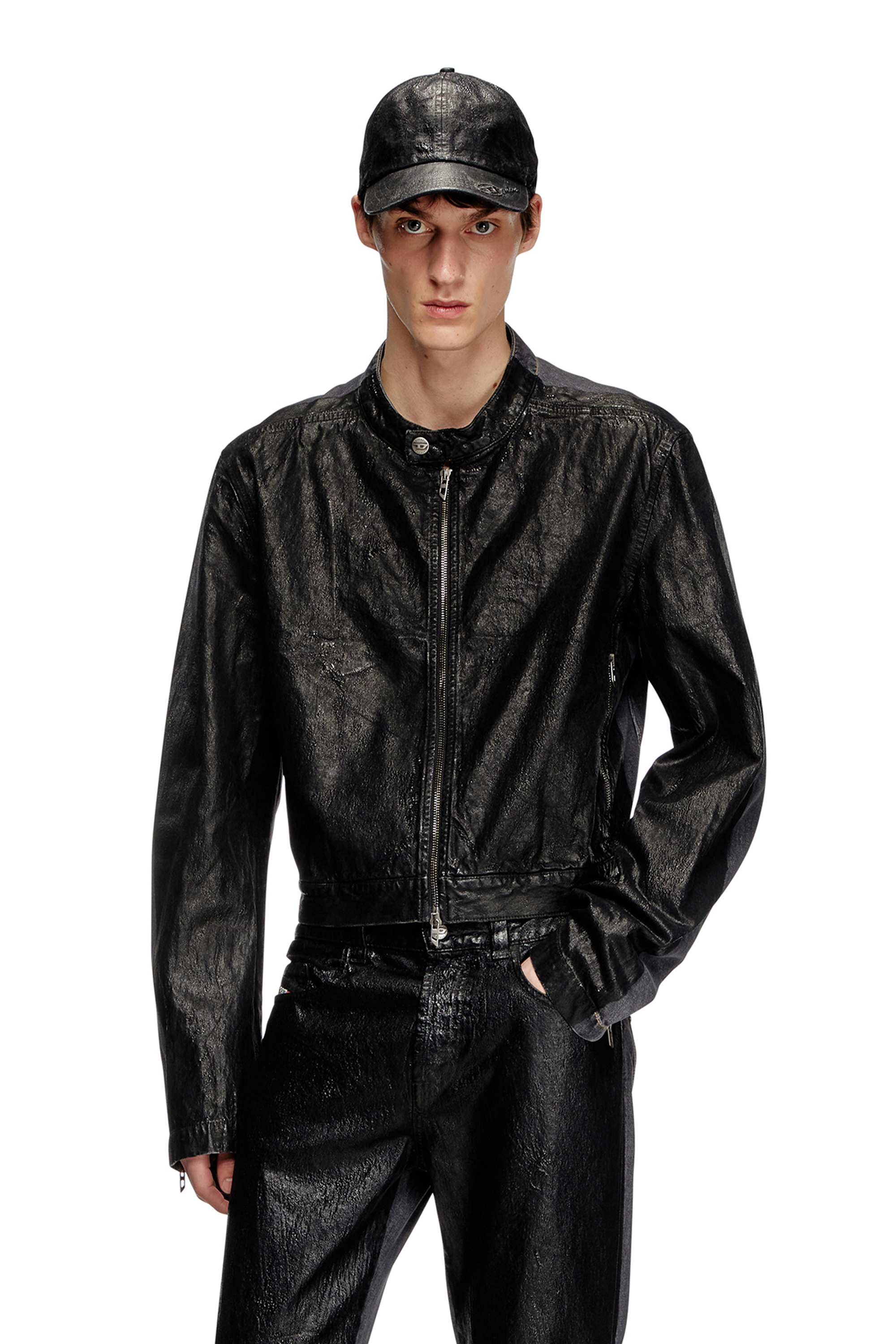 Diesel - D-GLORY-DD, Veste biker en denim avec devant enduit Mixte in Noir - 2