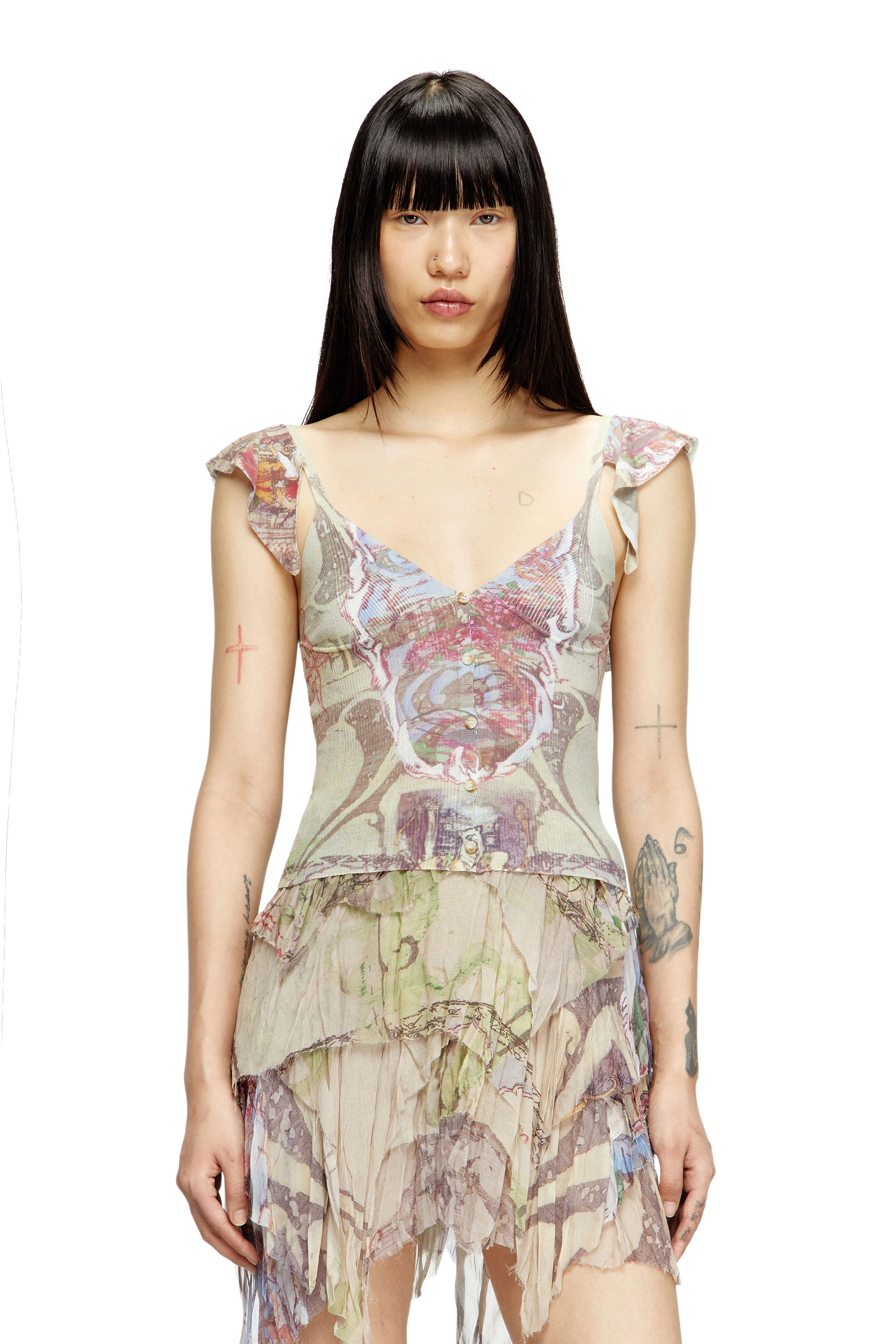 Diesel - M-FIORE, Female's Ruffle-shoulder knit top with medieval print in Beige - 1