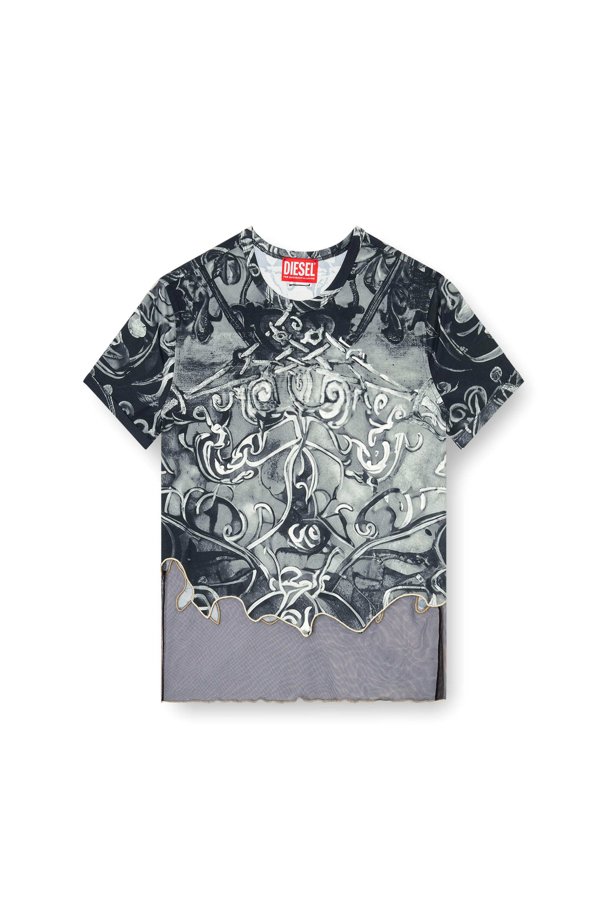 Diesel - T-INLAY, Female's Nylon T-shirt with Heraldic print in Black/Grey - 4