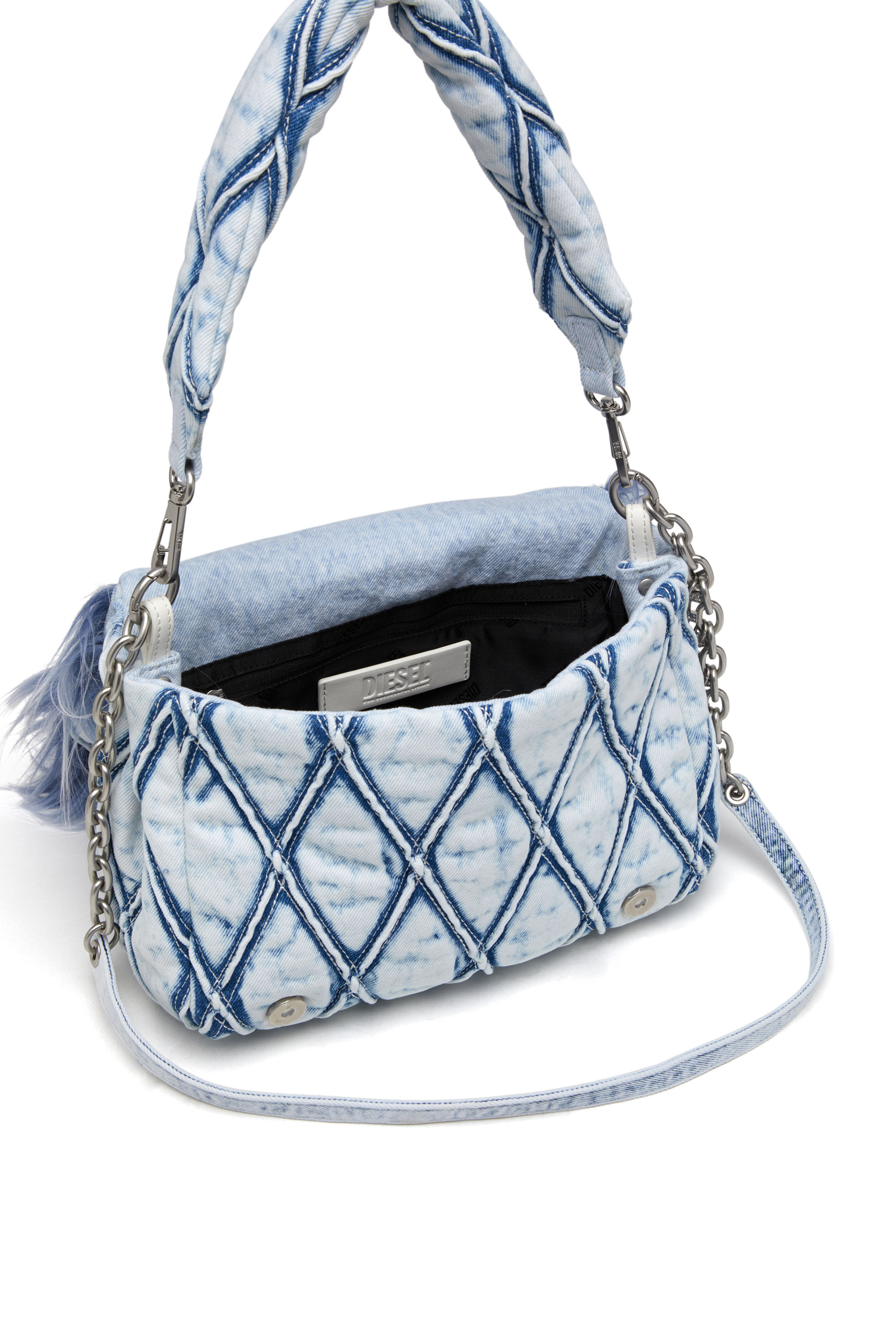 Diesel - CHARM-D SHOULDER M, Female's Charm-D M-Shoulder bag in denim and faux fur in Blue - 4