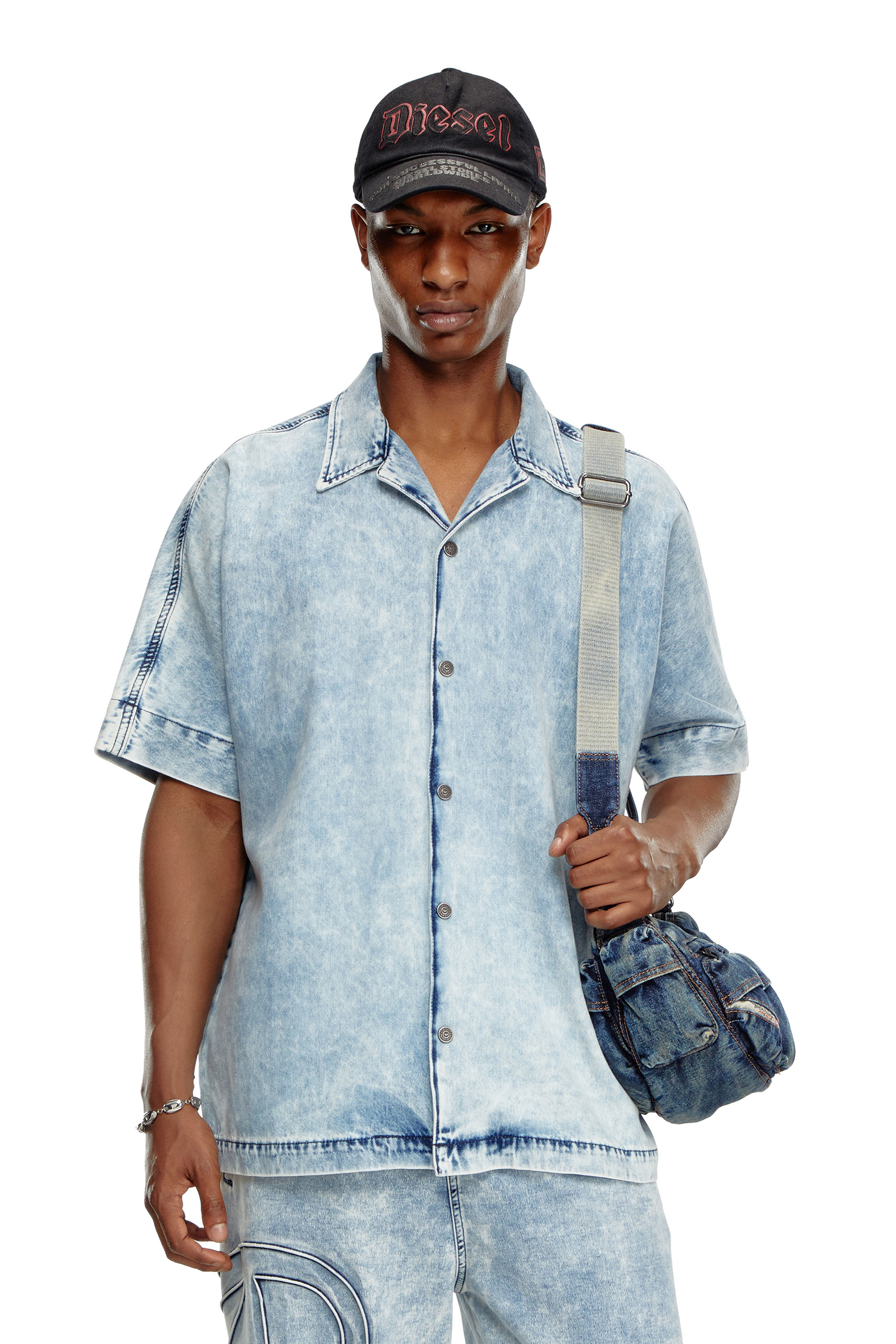 Diesel - D-NABIL-S, Male's Denim bowling shirt with Oval D in Light Blue - 2