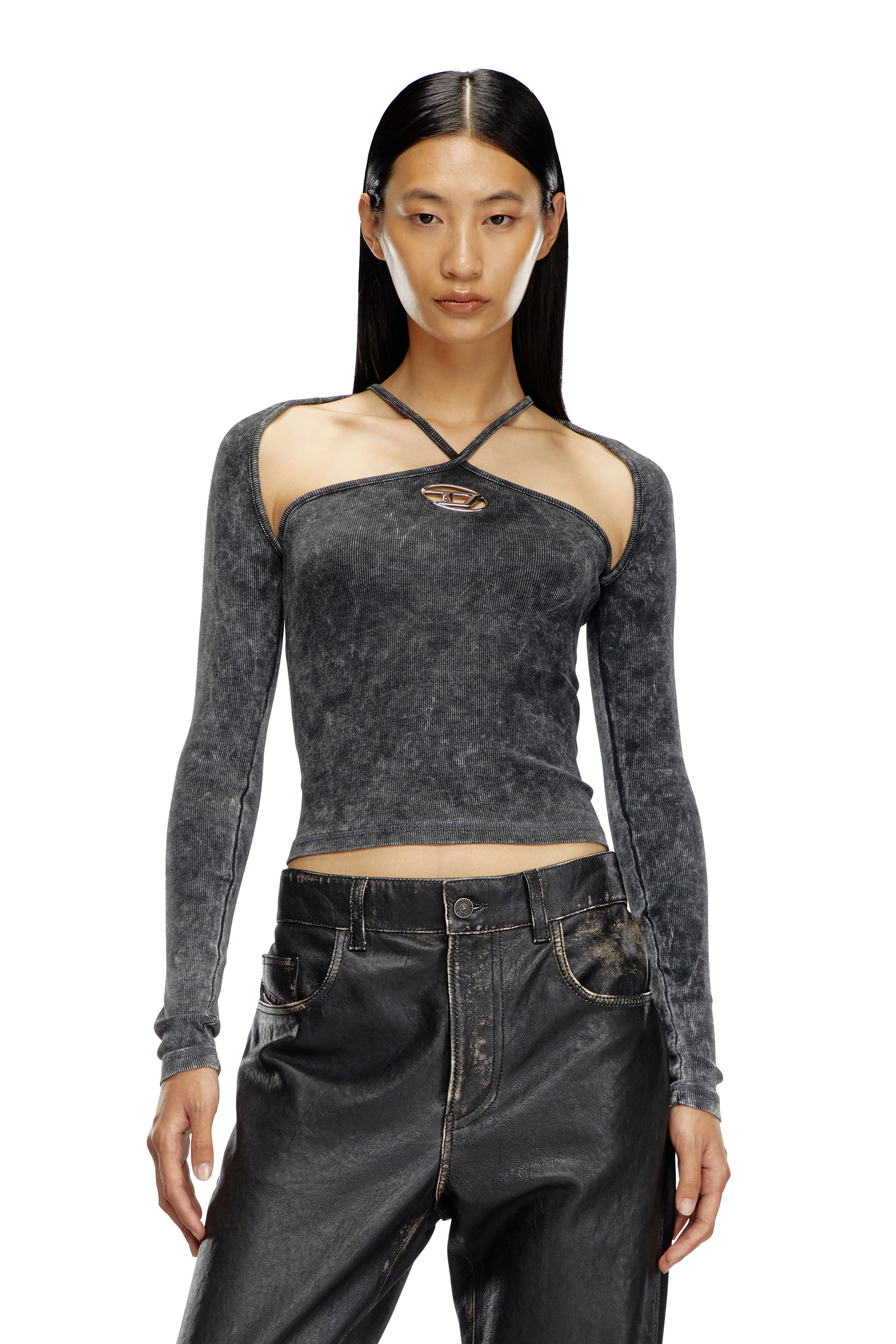 Diesel - T-MARINEL, Female's Ribbed long-sleeve top with cross-over straps in Black - 1