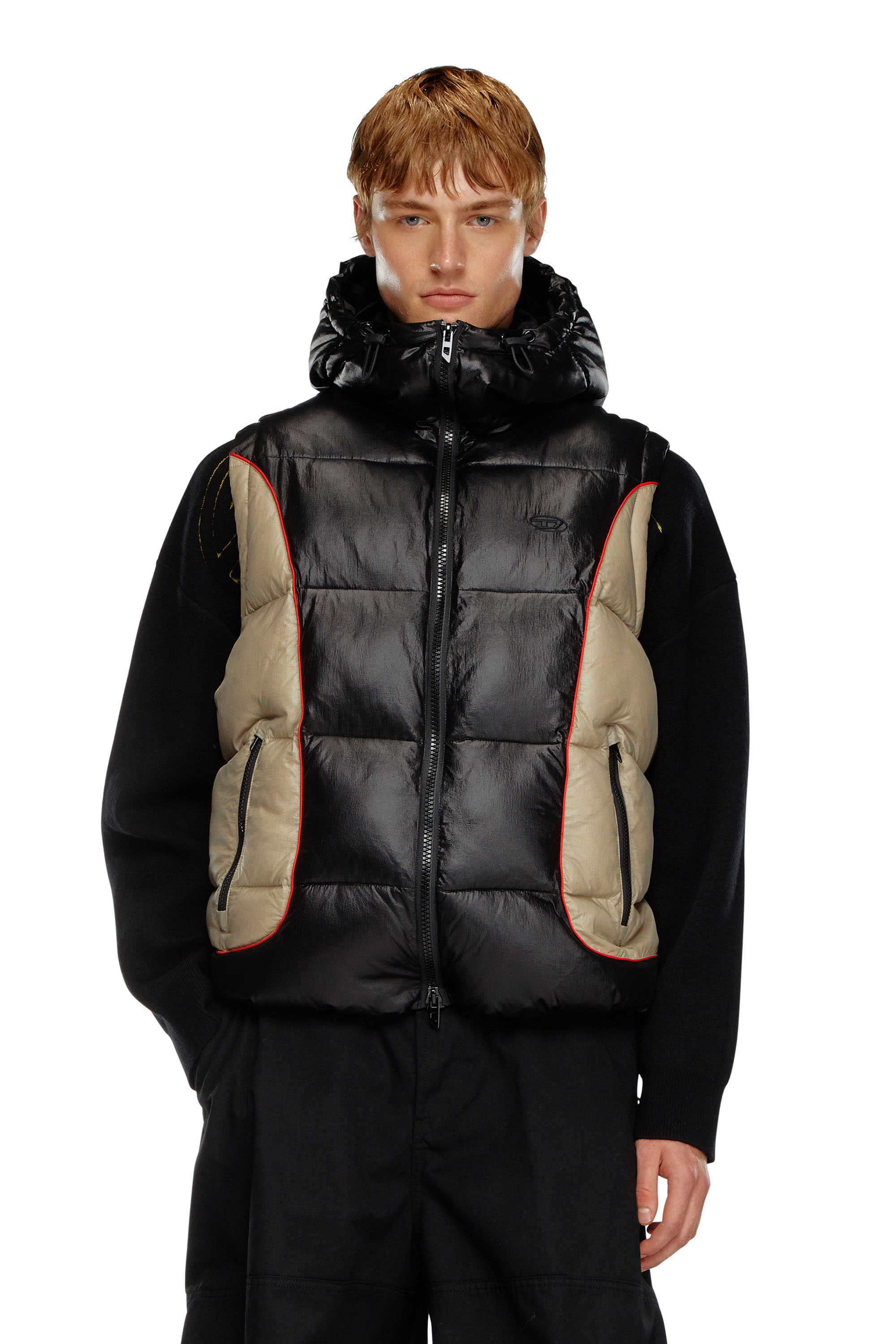 Diesel - W-OSTEND-SL, Male's Hooded puffer vest in shiny ripstop in Black/Beige - 1