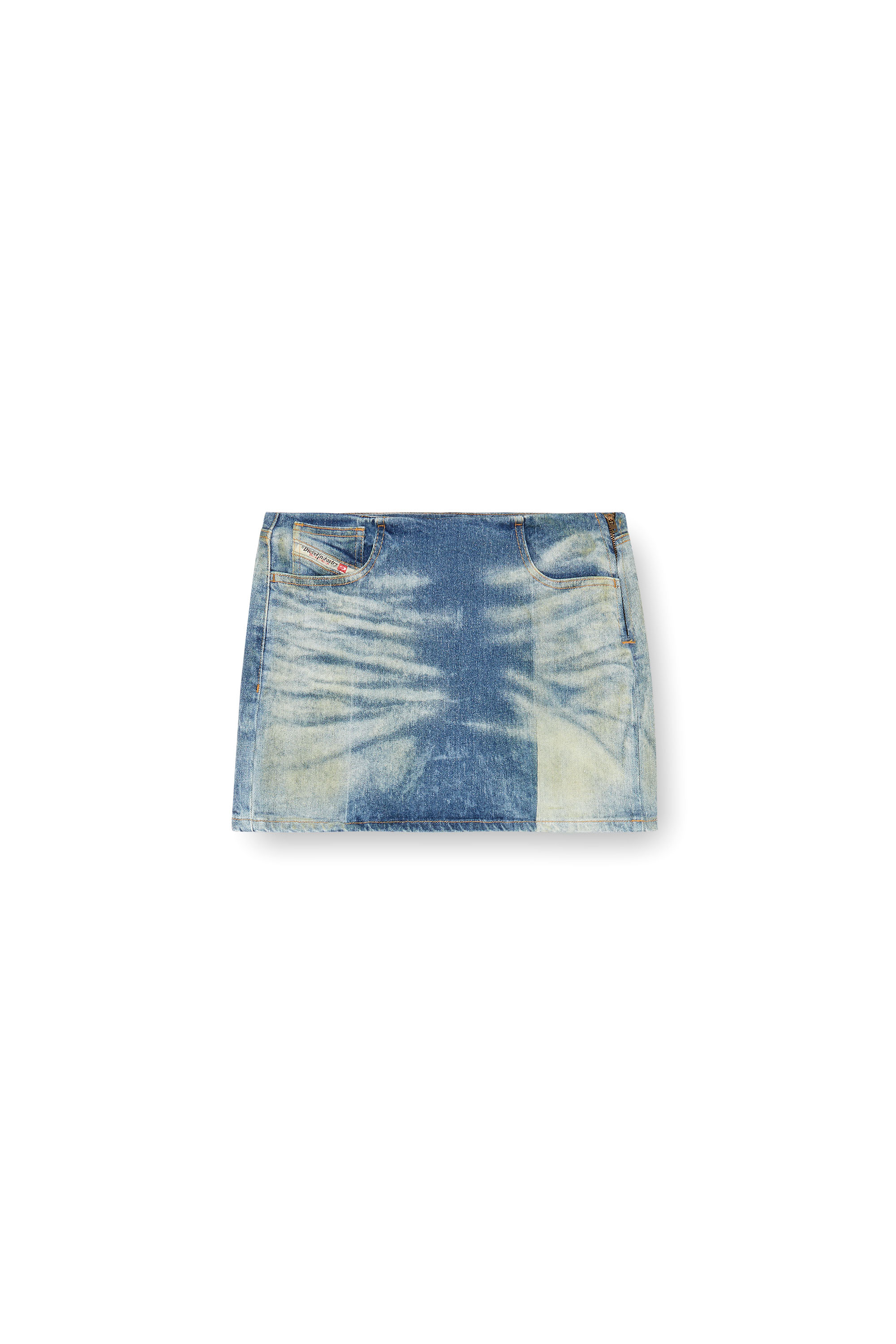 Diesel - DE-PRA-MINI-FSF, Mini-jupe en denim avec plis solarisés Femme in Bleu - 5