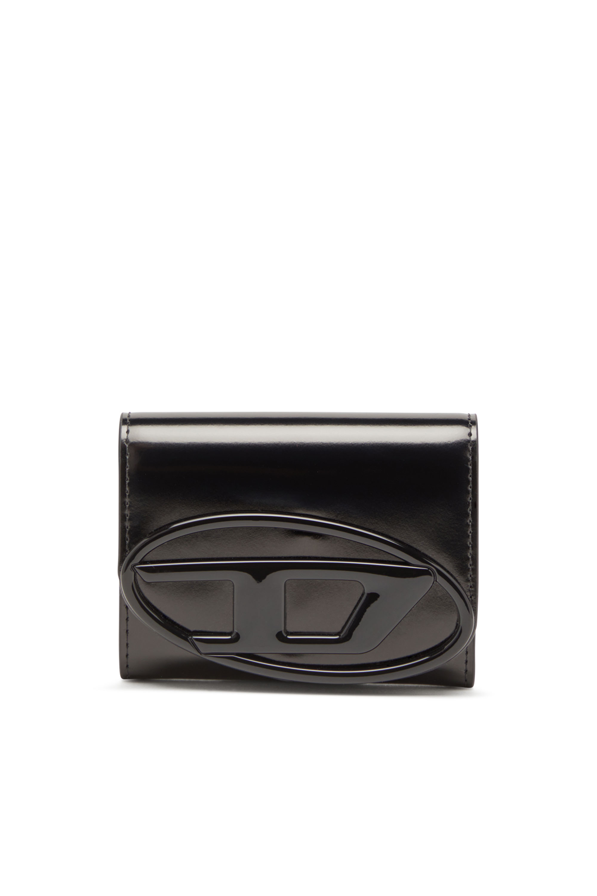 Diesel - 1DR CARD HOLDER BI-FOLD ZIP III, Porte-cartes à deux volets en cuir effet miroir Femme in Noir - 1