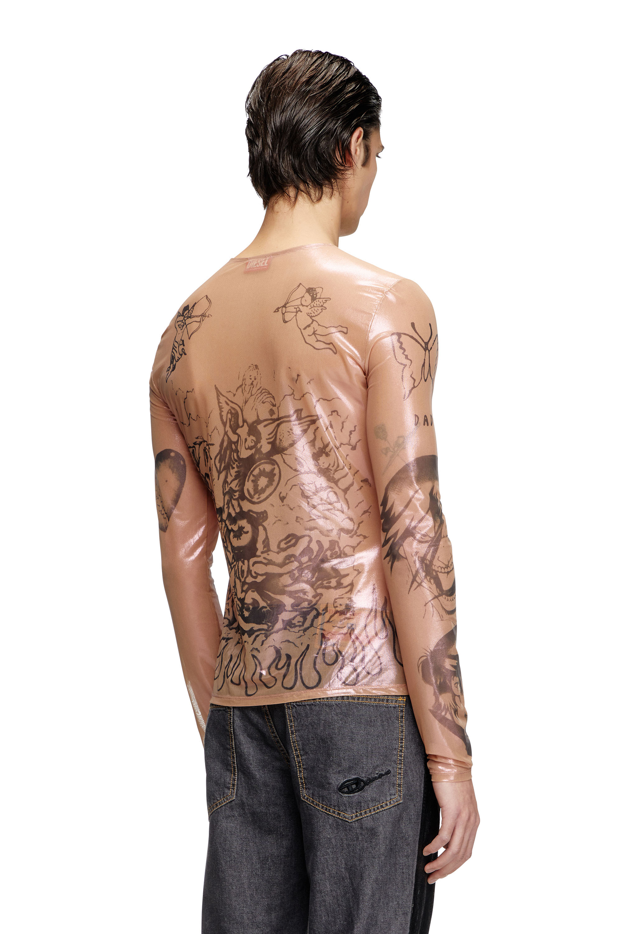 Diesel - T-CLAUDE-DD, Top tatouage en tulle stretch enduit Mixte in Rose - 3