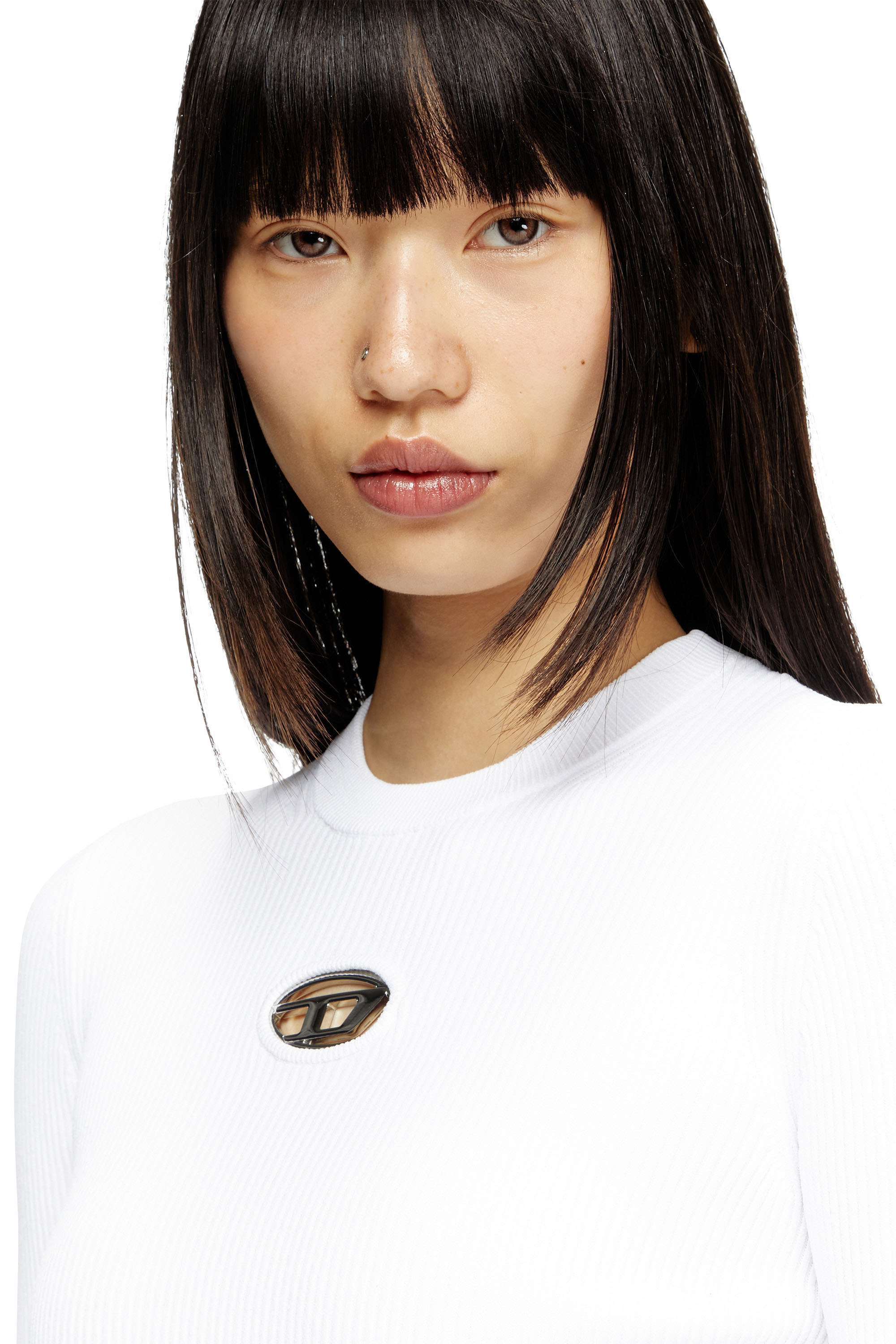Diesel - M-VALARI, Female's Rib-knit viscose-blend top with Oval D in White - 4