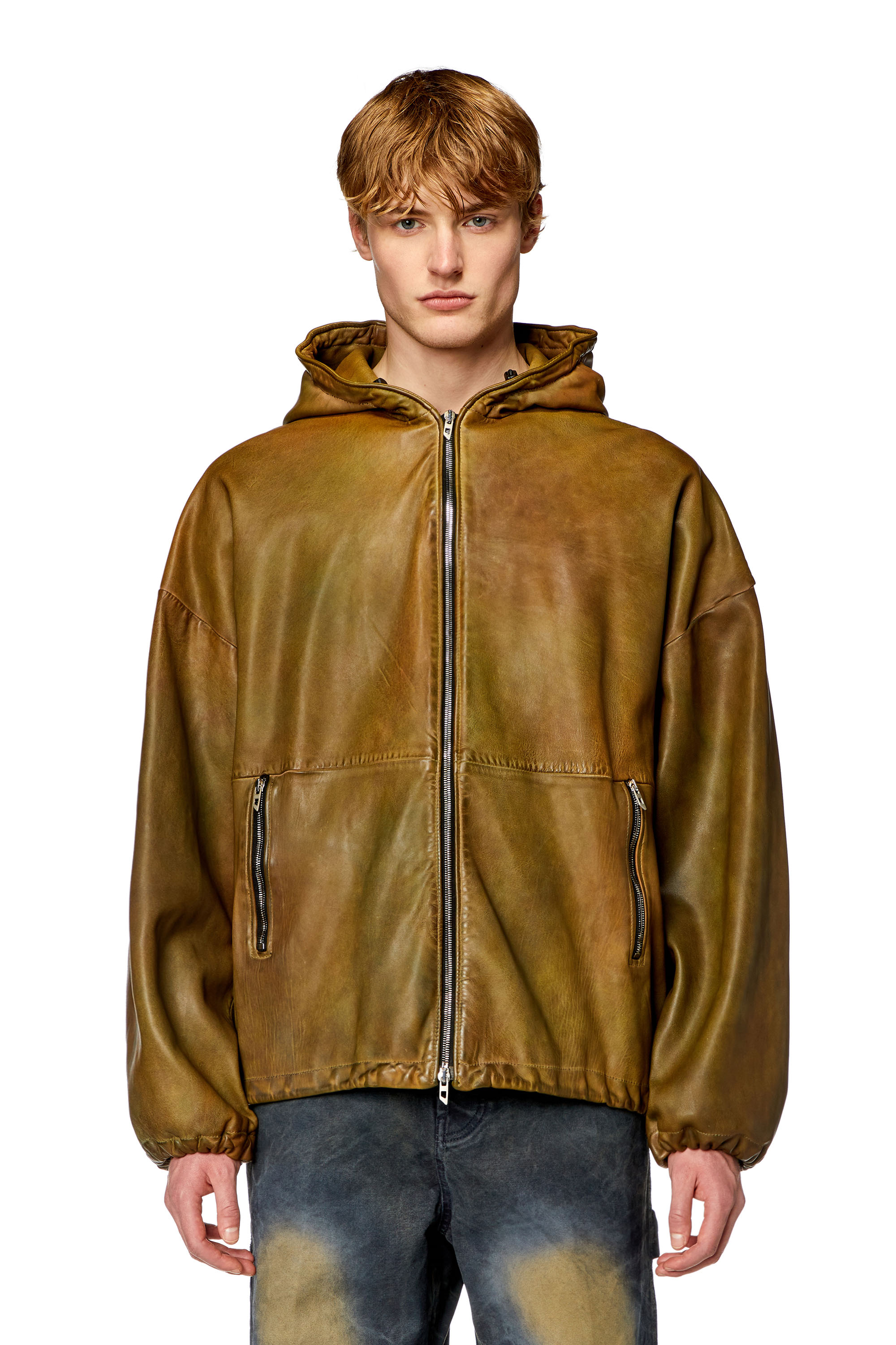 Diesel - L-VATEL-HOODY, Male Hooded leather jacket in Brown - Image 5