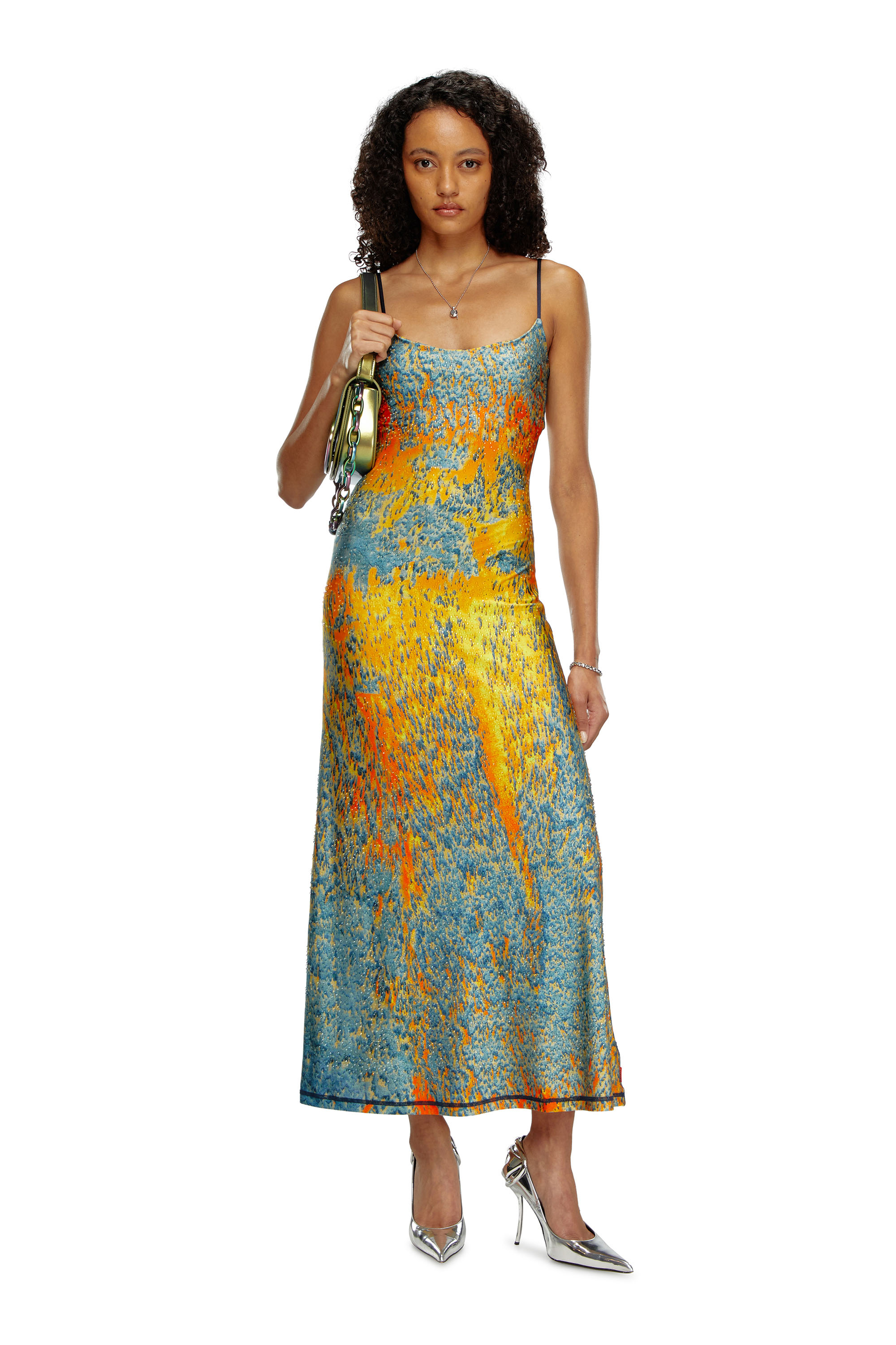 Diesel - D-AMOUR, Female's Long printed dress with clear crystals in Blue/Orange - 2