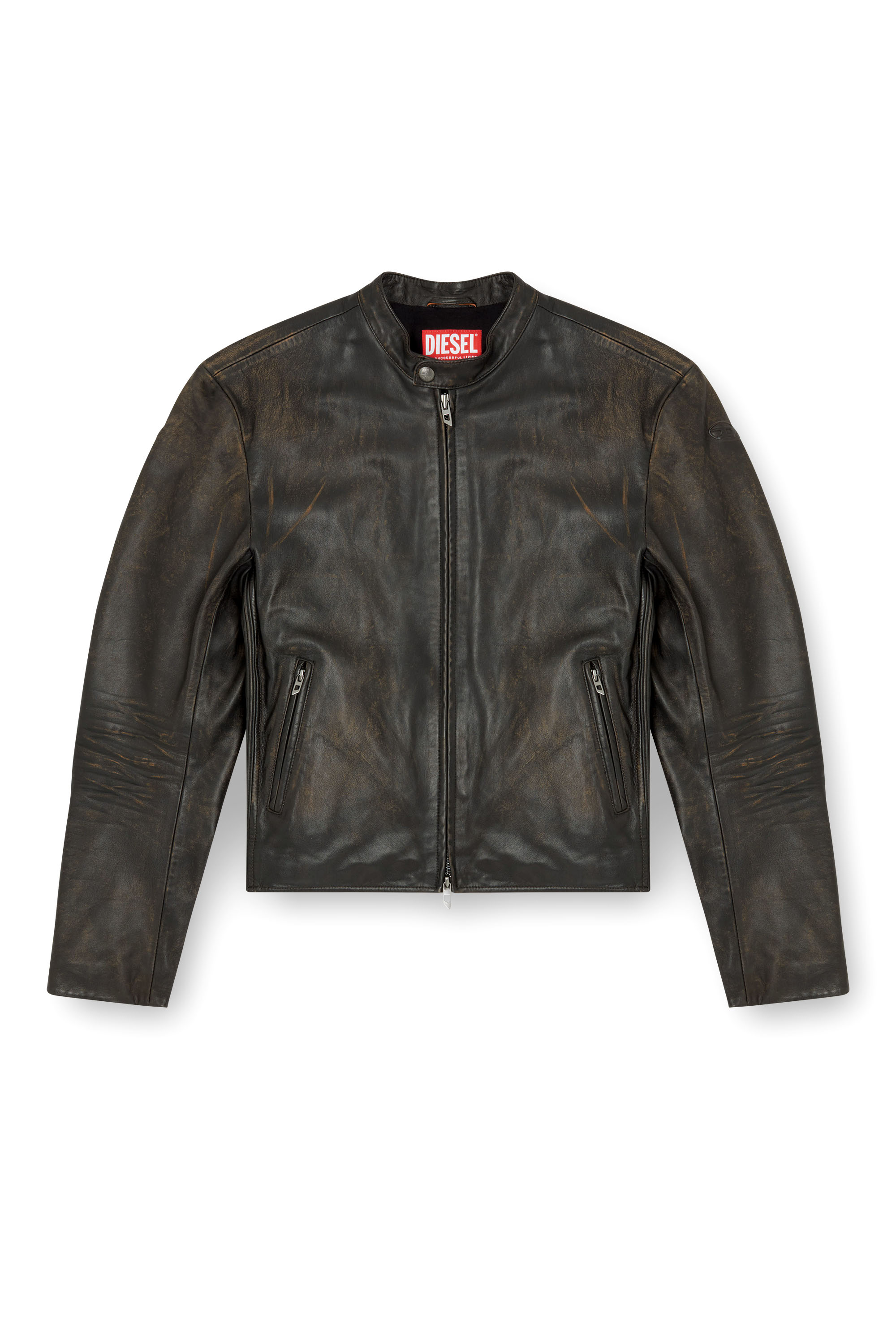 Diesel - L-AROSS, Male's Distressed leather biker jacket in Brown - 3