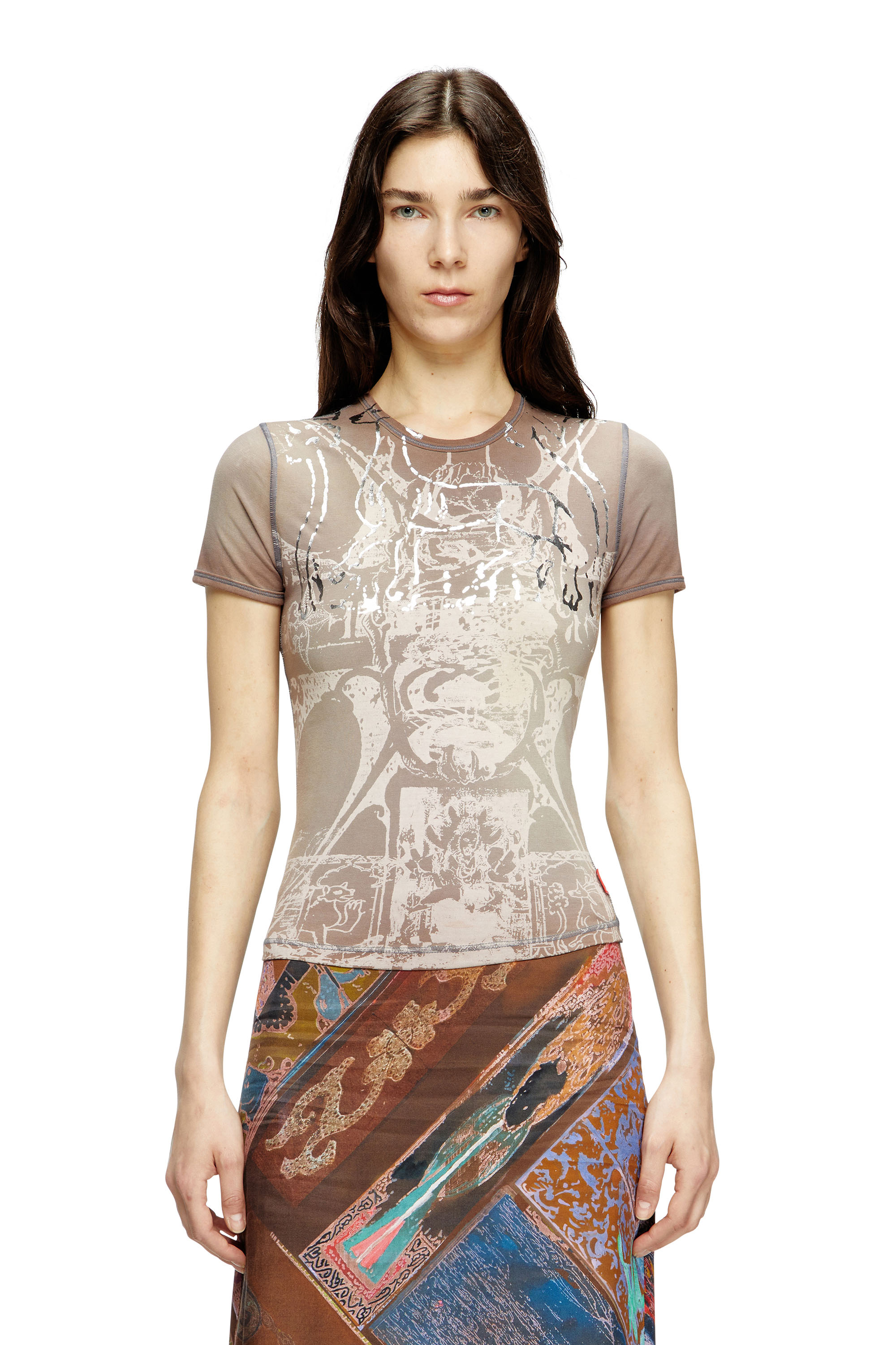 Diesel - T-UNCUTIES-LONG-R6, Female's T-shirt with foil print in Light Brown - 1