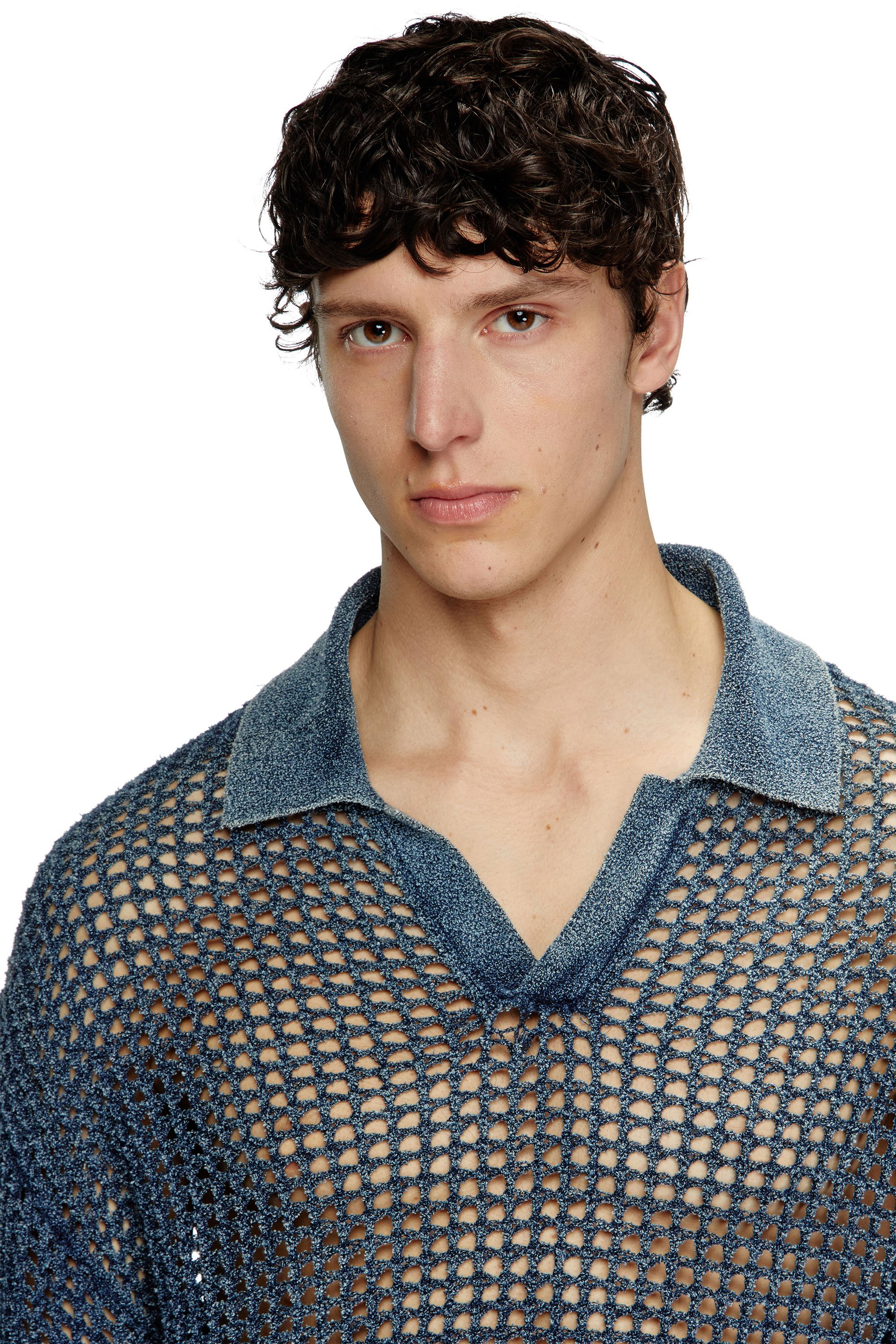 Diesel - K-SQUARED, Male's Open-knit polo jumper in denim yarn in Blue - 4