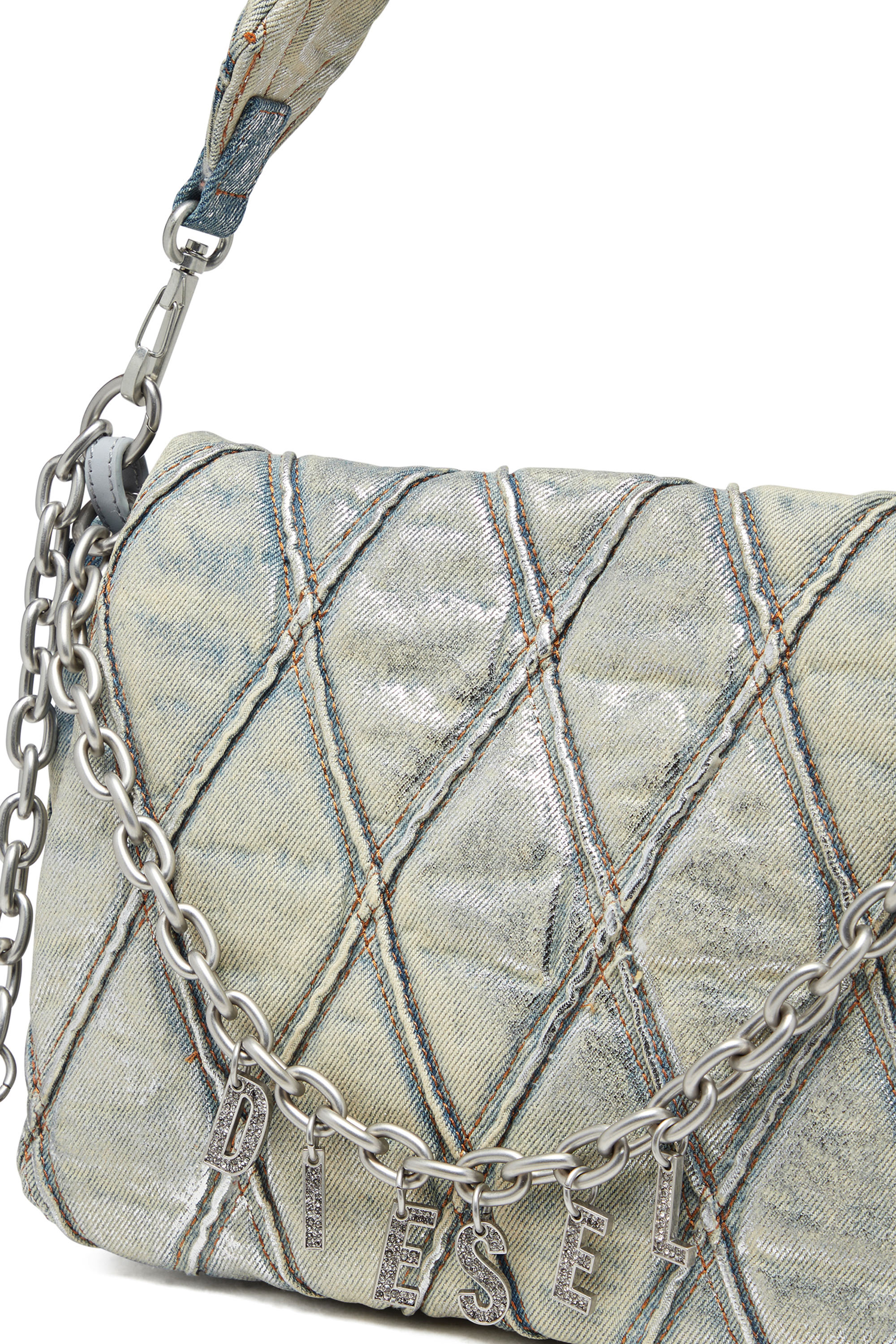 Diesel - CHARM-D SHOULDER M, Female's Charm-D M-Shoulder bag in metallic quilted denim in Light Blue - 5