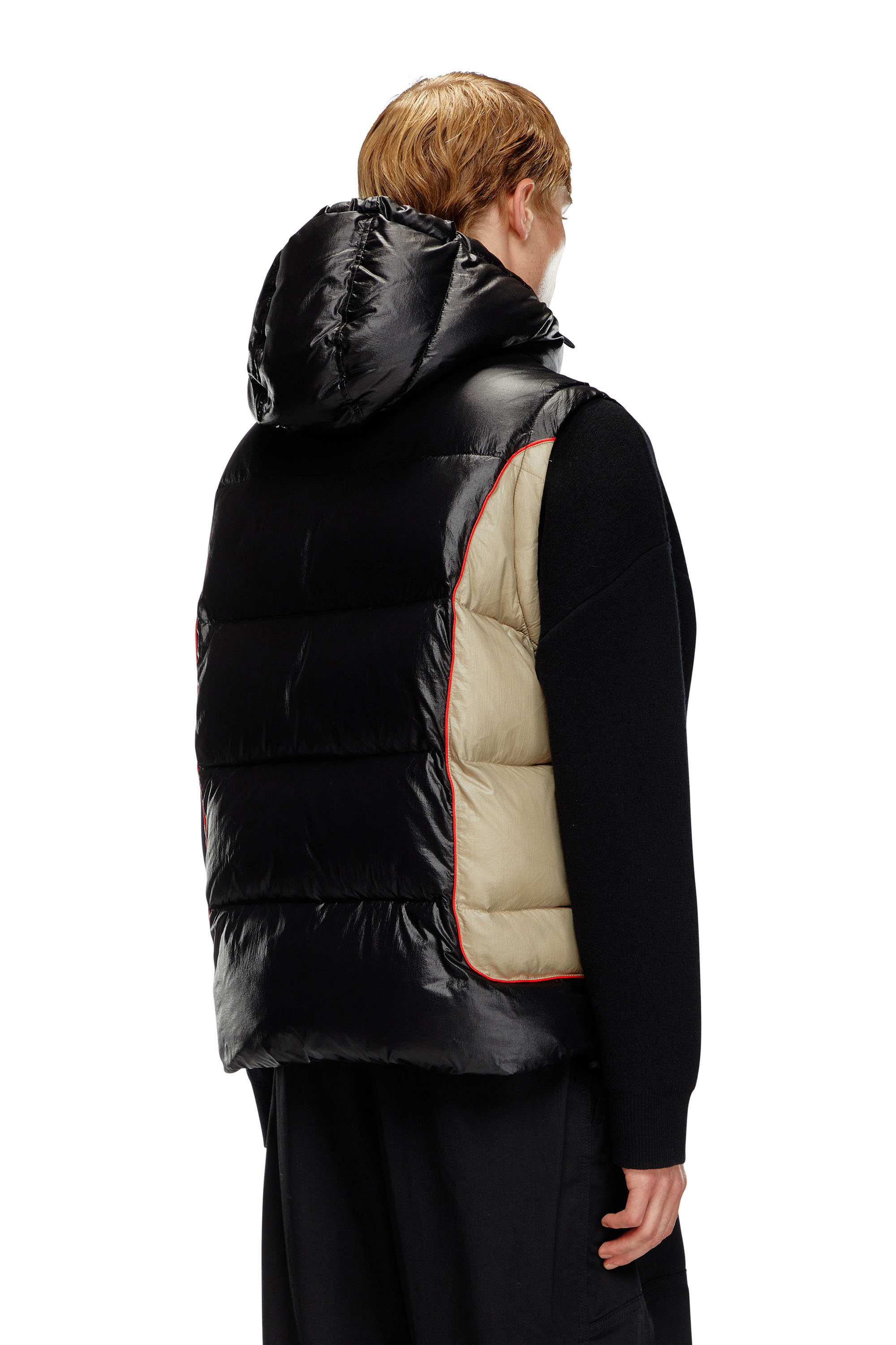 Diesel - W-OSTEND-SL, Male's Hooded puffer vest in shiny ripstop in Black/Beige - 3