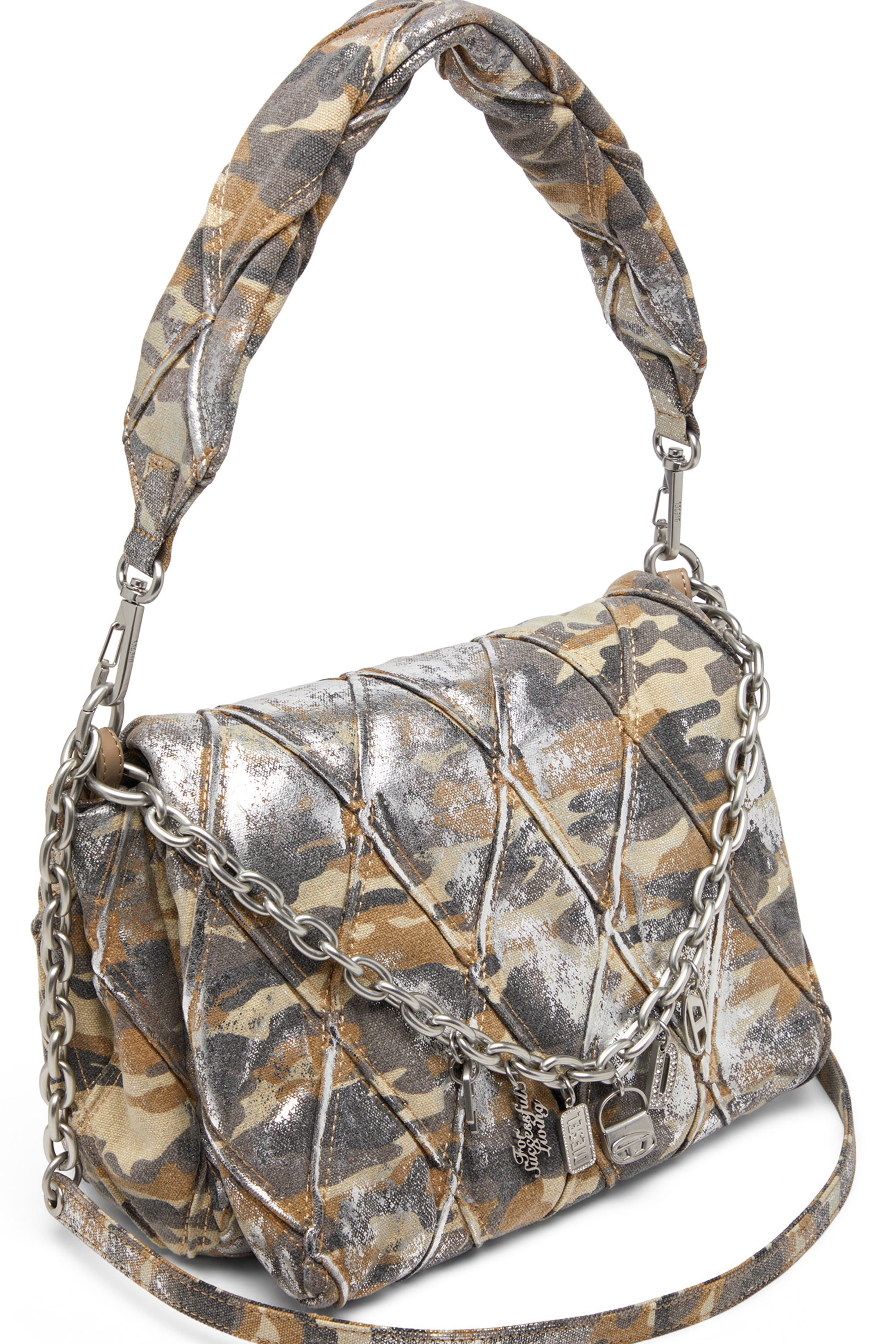 Diesel - CHARM-D SHOULDER M, Female's Charm-D M-Shoulder bag in metallic camo canvas in Multicolor/Brown - 5