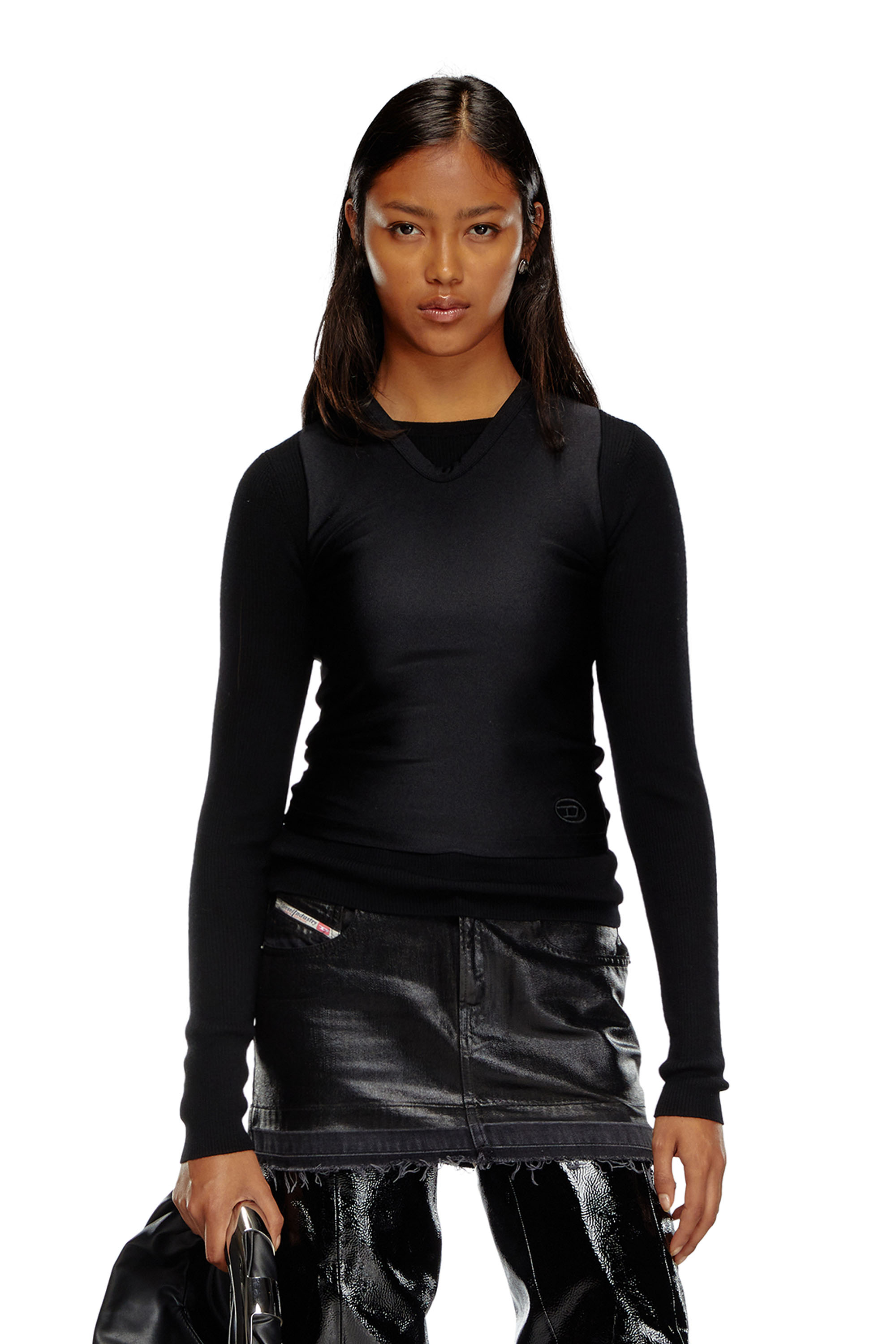 Diesel - M-ROSEL, Female's Wool-knit top with tank overlay in Black - 1