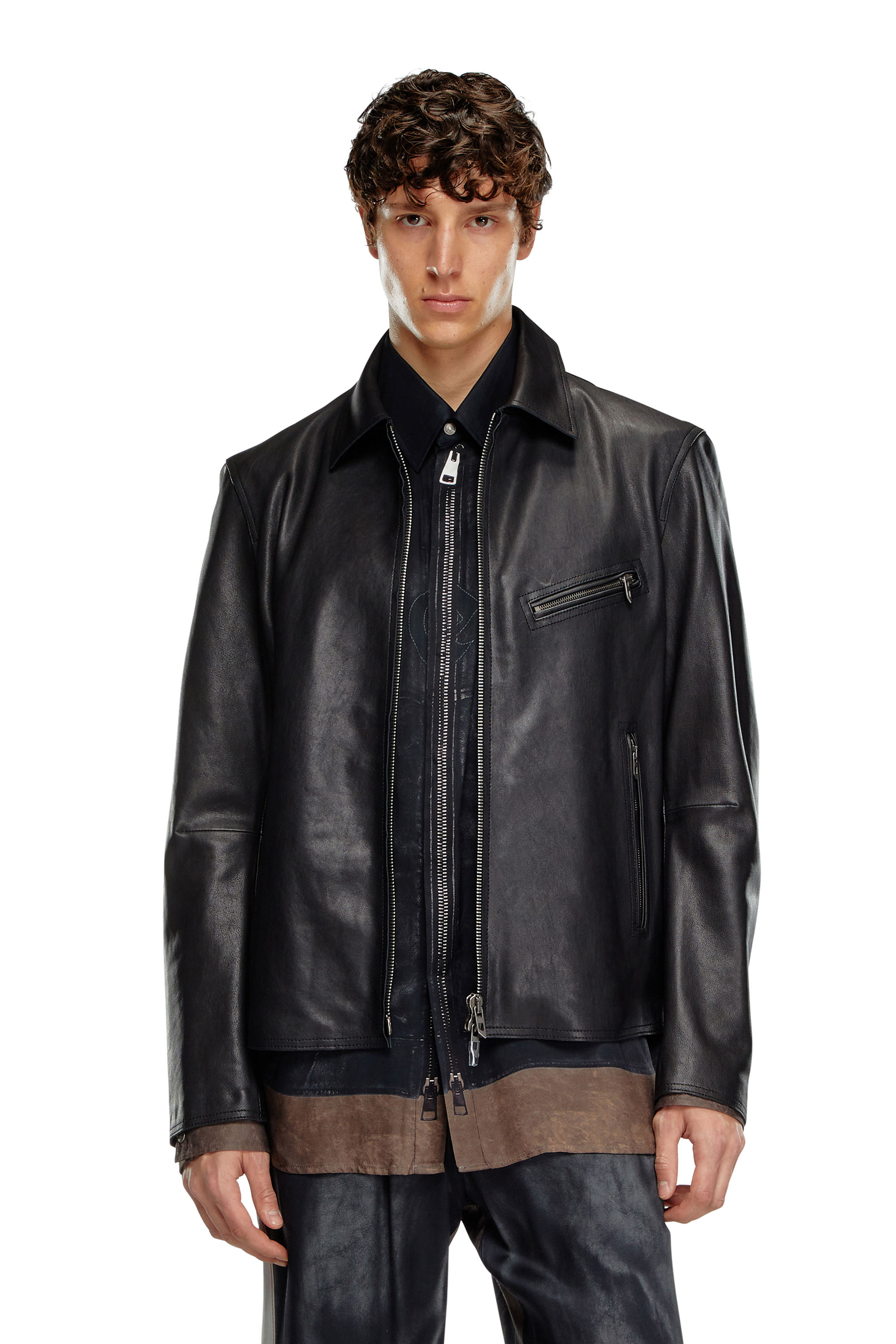 Diesel - L-KORN-A, Veste en cuir avec Oval D embossé Homme in Noir - 1