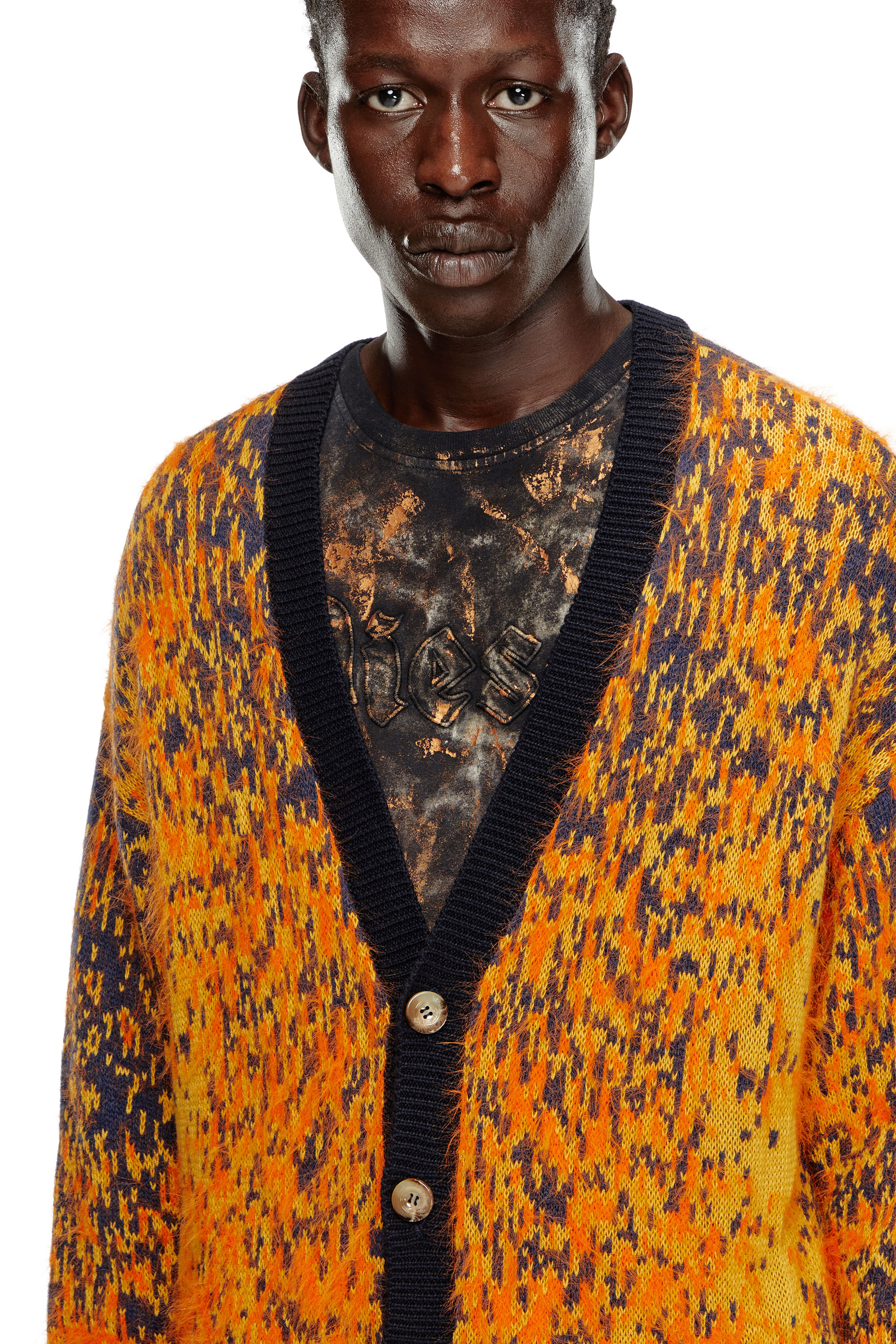 Diesel - K-RANGER, Male's Fuzzy cardigan with abstract pattern in Orange - 3