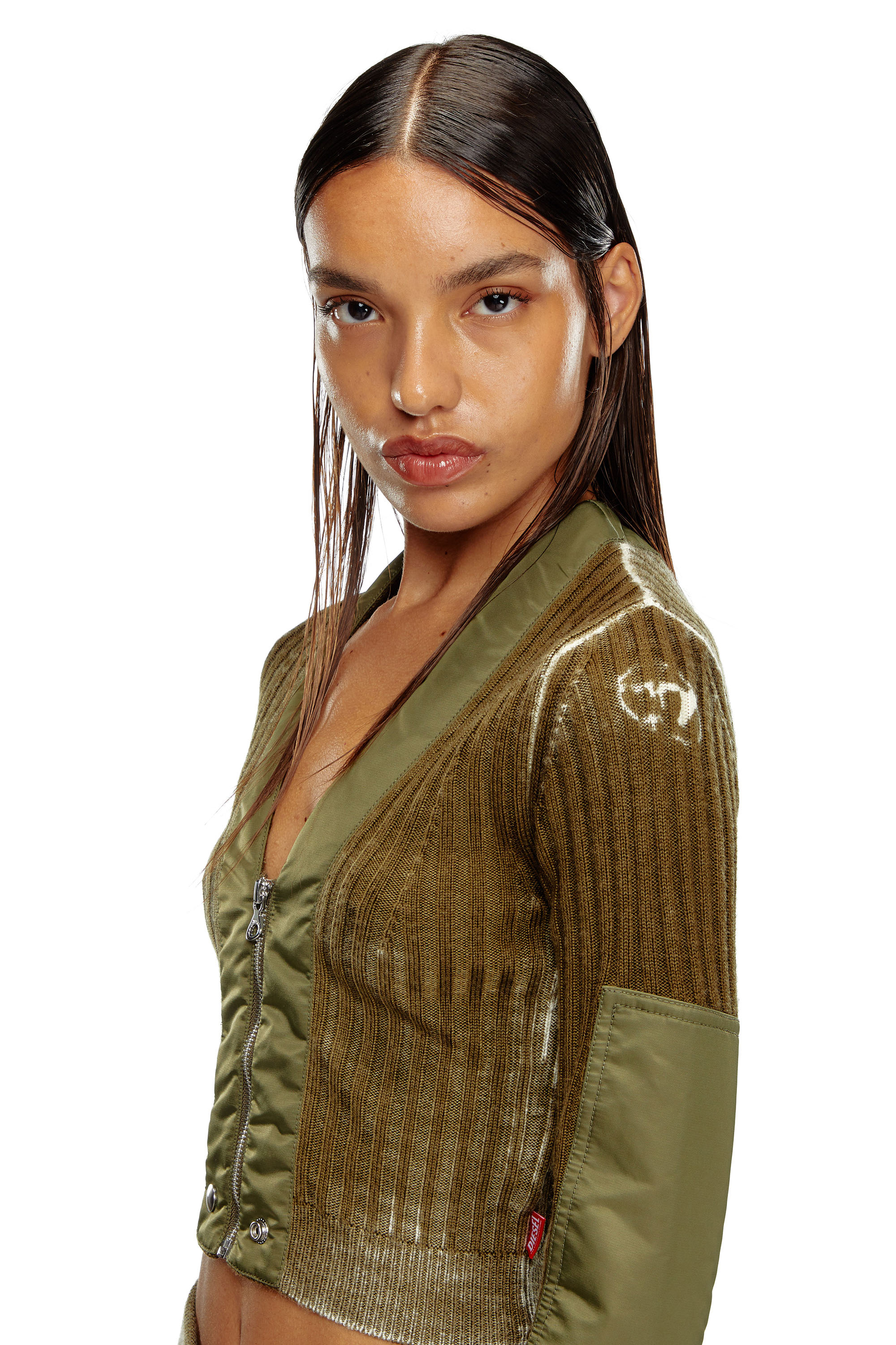 Diesel - M-ASERA, Female's Cropped wool cardigan with nylon trims in Military Green - 5