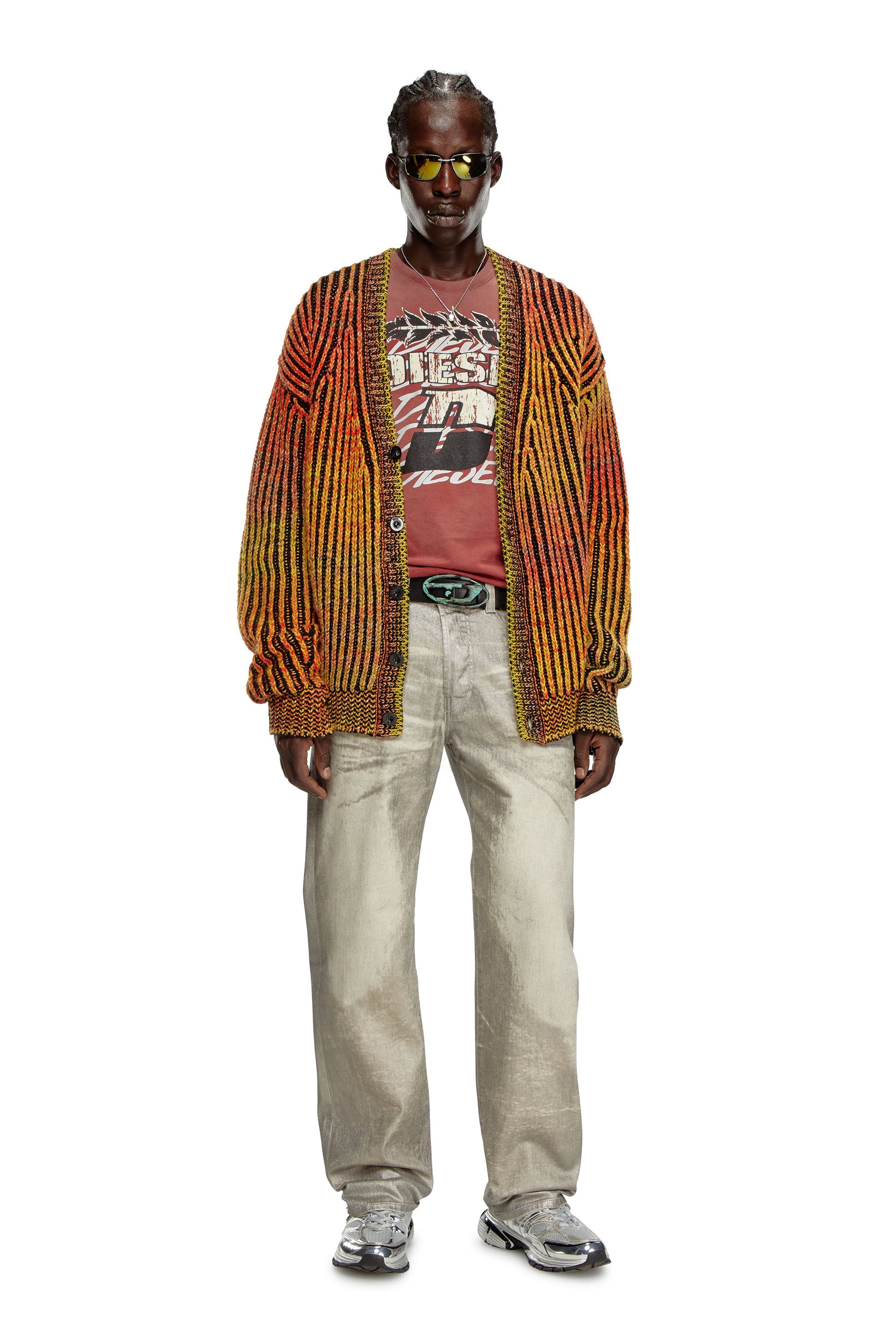 Diesel - K-OAKLAND-CR, Male's Striped ribbed cardigan in wool blend in Orange - 5