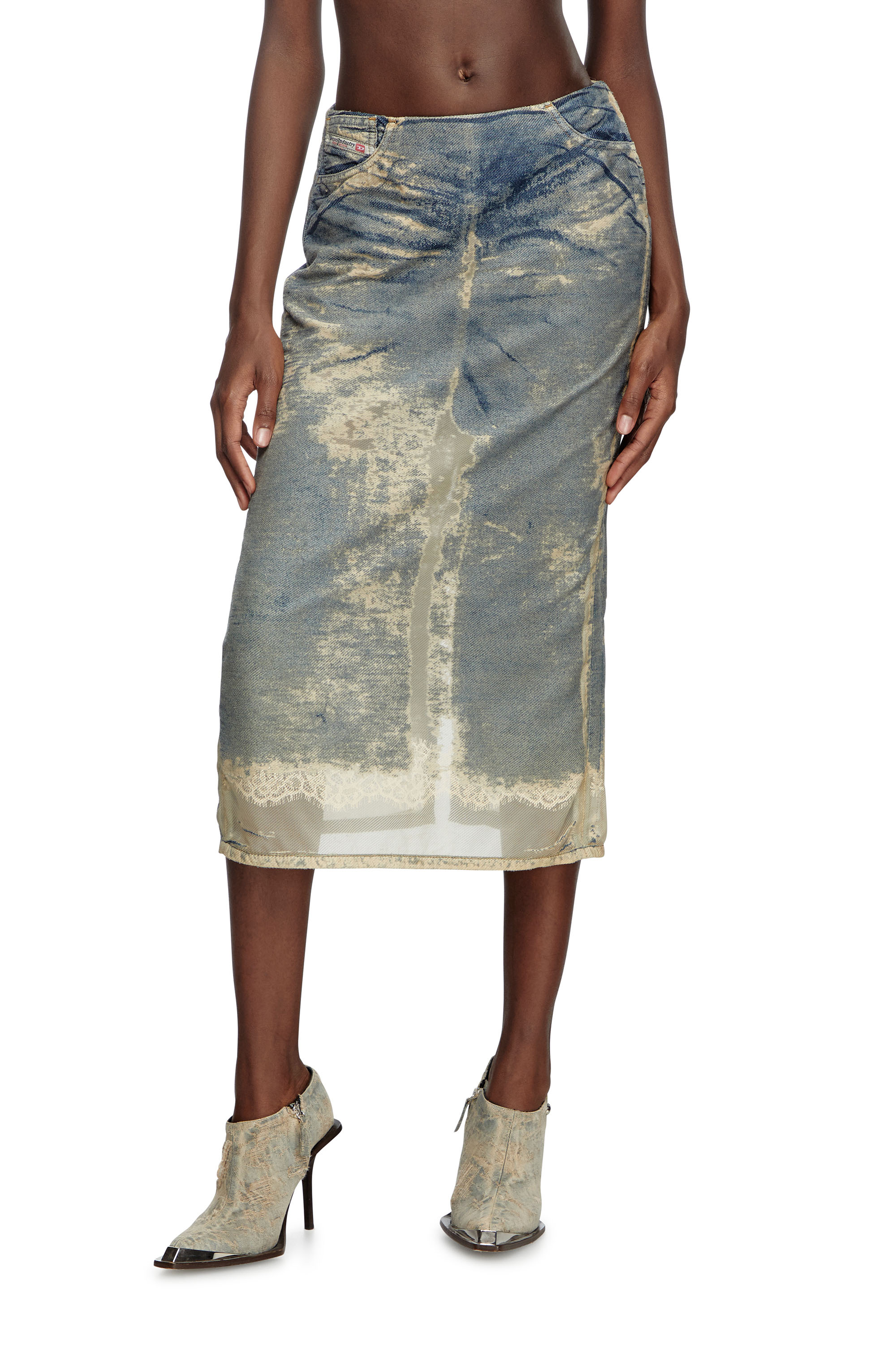 Diesel - DE-PRA-FSF, Female's Midi skirt in floating devoré denim in Medium Blue - 1