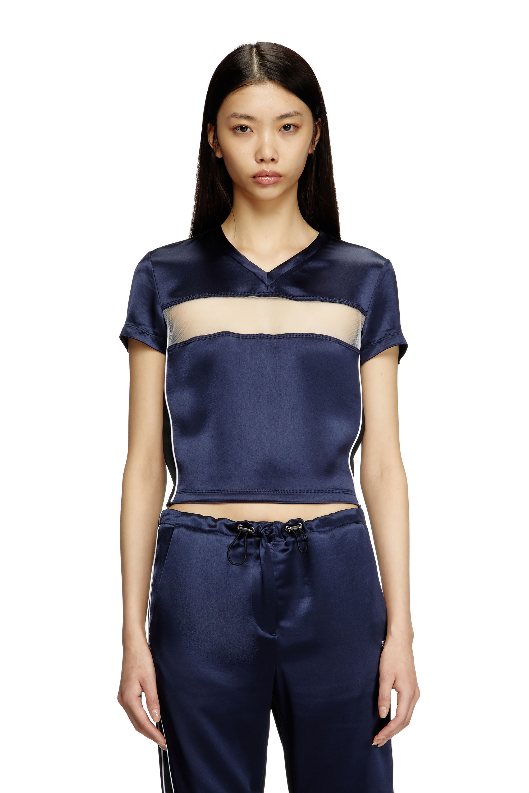 Diesel - T-RACE, Female's Cropped T-shirt in satin, knit and tulle in Dark Blue - 1