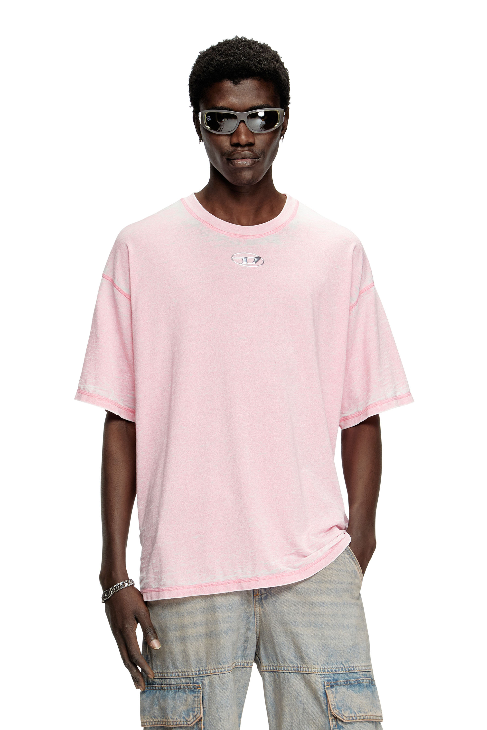 Diesel - T-BOXT-PAK, Male's Burnout T-shirt with metal-look logo in Pink - 1