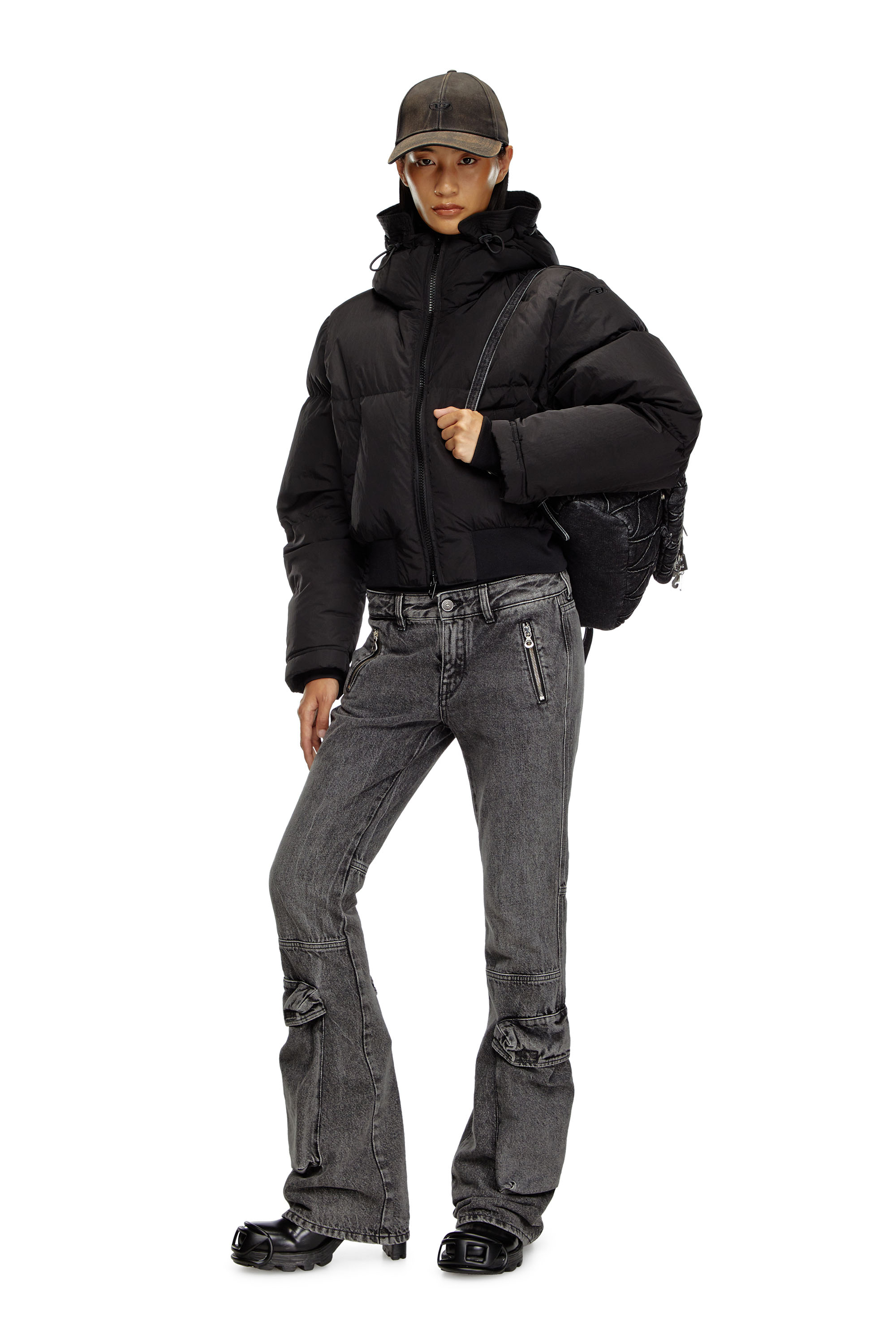 Diesel - W-PEYT-SHORT-NEW-P1, Female's Hooded down jacket in crinkled nylon in Black - 2