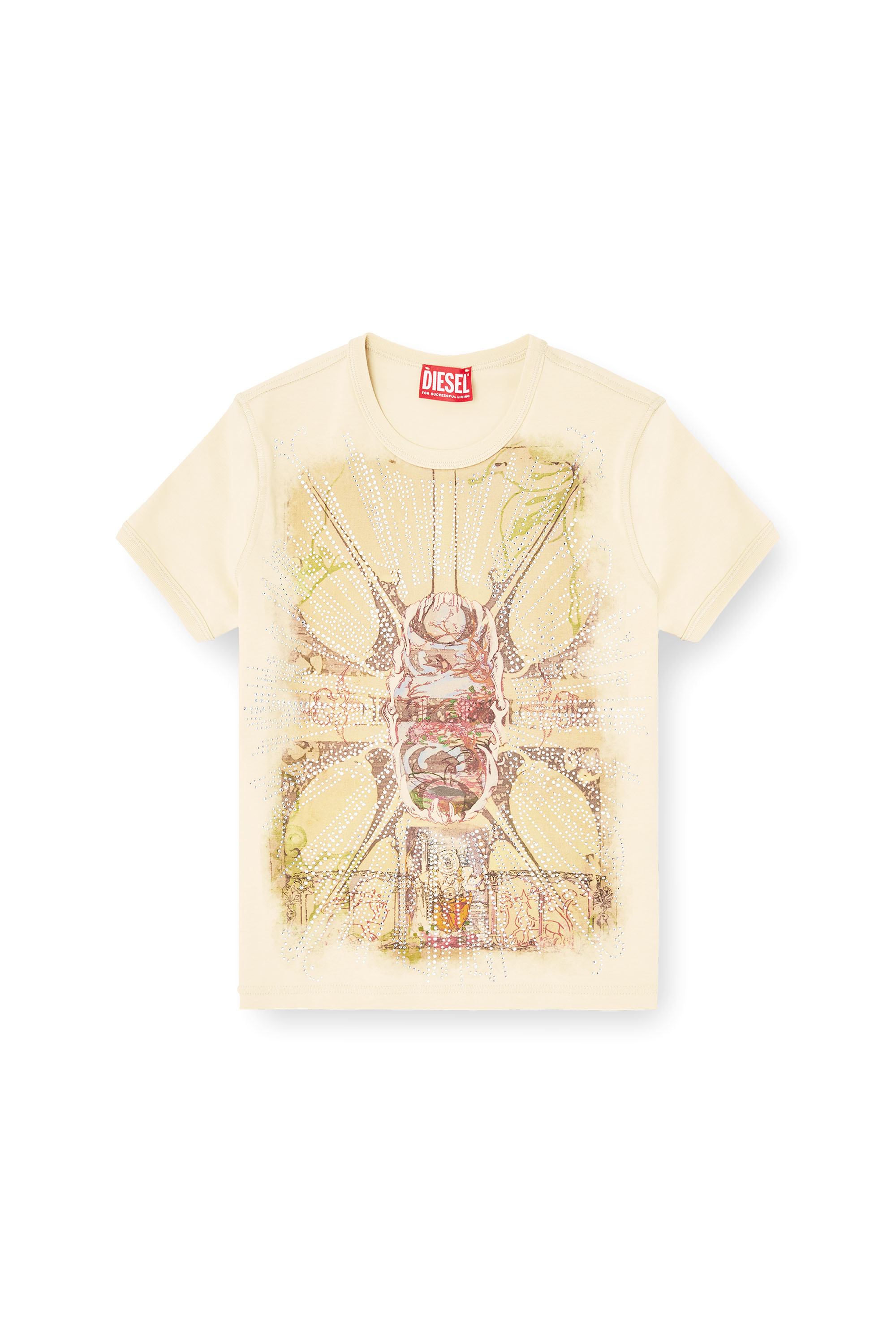 Diesel - T-UNCUTIES-LONG-R14, Female's T-shirt with rhinestone graphic in Light Brown - 4