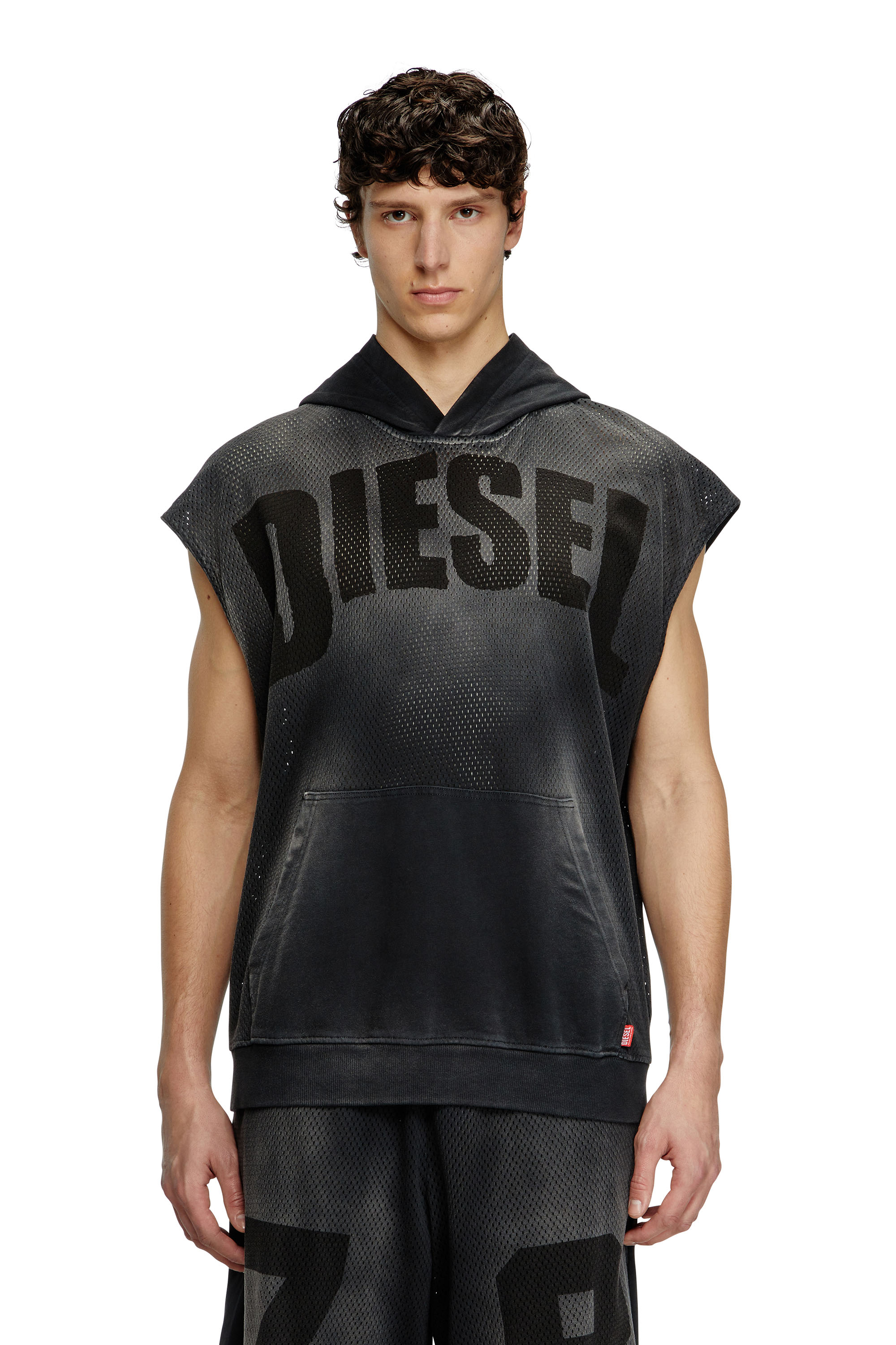 Diesel - S-BOXT-SL-MESH, Sweat-shirt à capuche sans manches en mesh et jersey Homme in Noir - 1