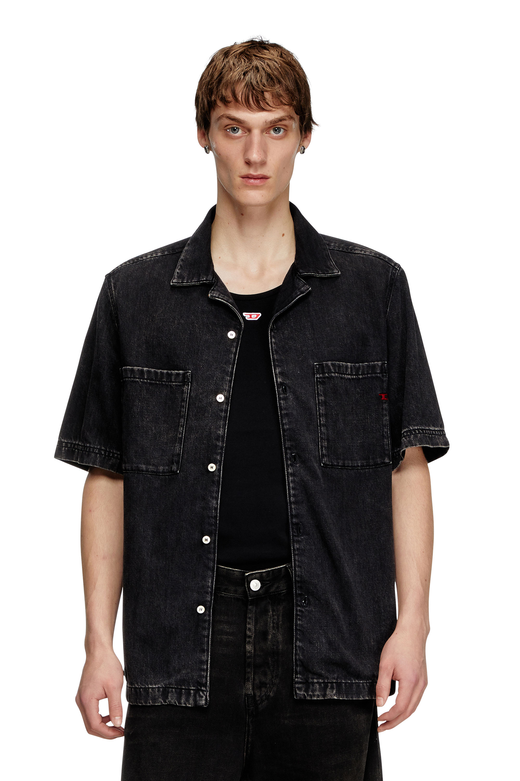 Diesel - D-PAROSHORT, Male's Bowling shirt in Tencel denim in Black - 1