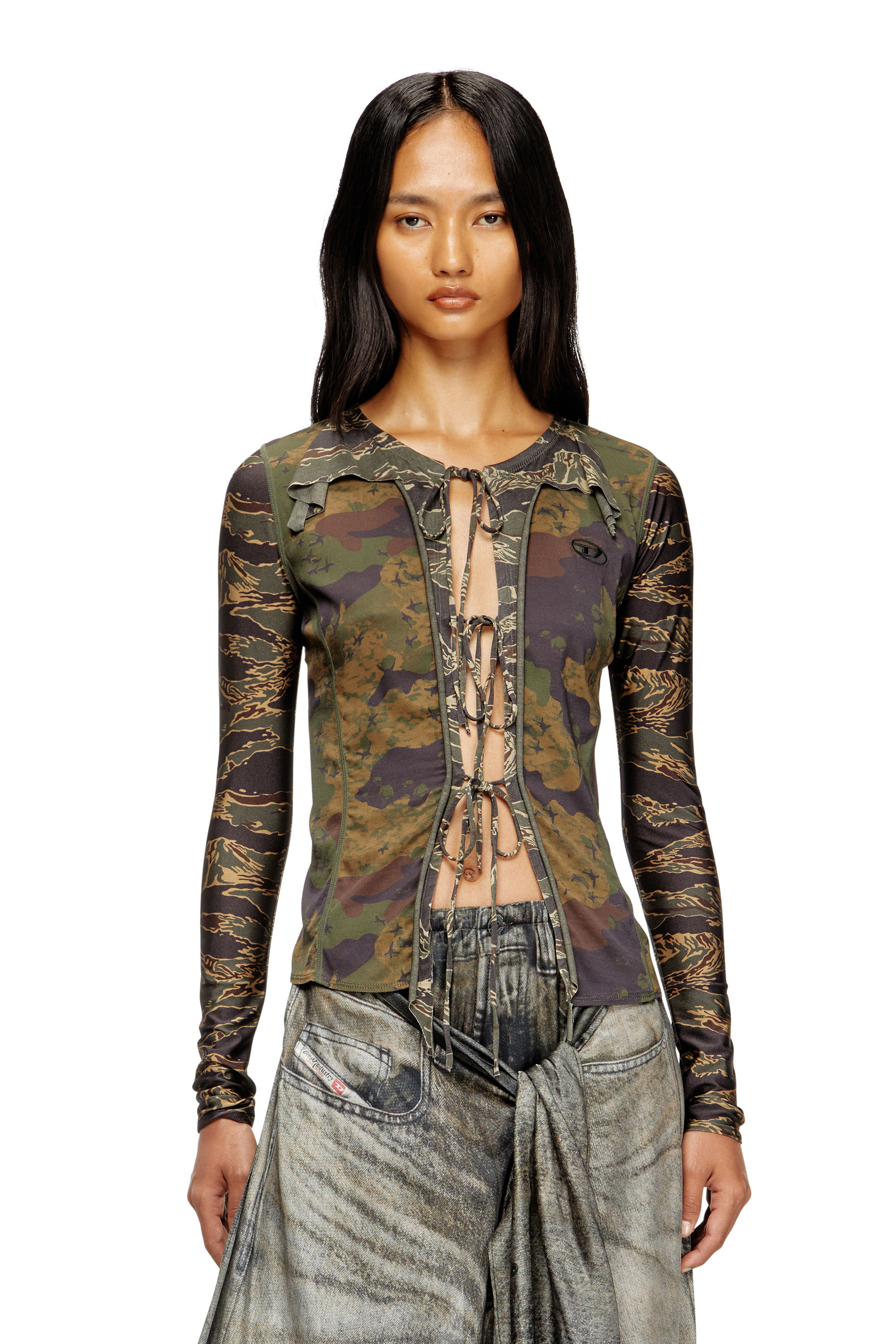 Diesel - T-AFRY, Female's Tie cardigan with mixed camo prints in Military Green - 1