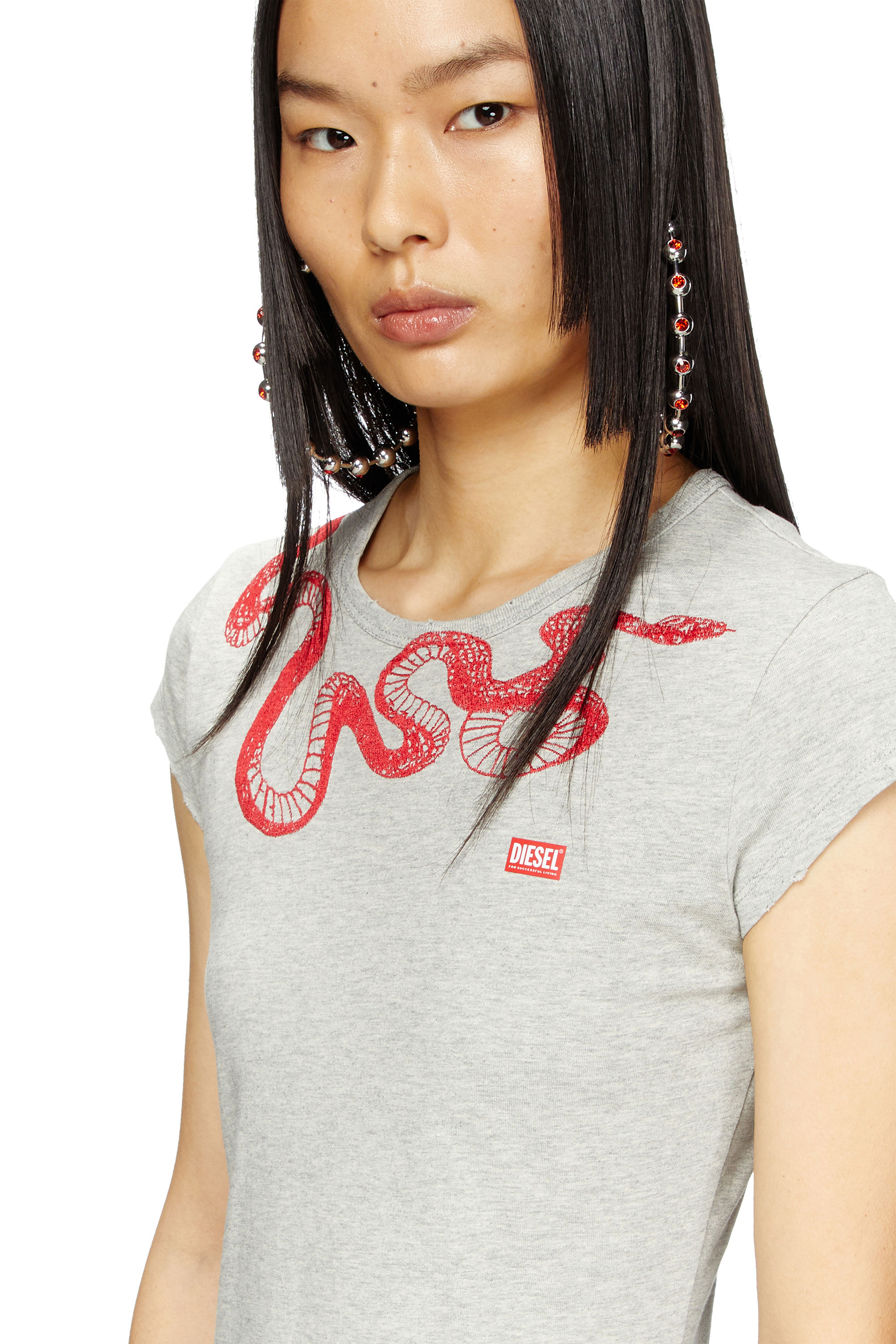 Diesel - CL-D-ANGIEL-MEL-SNAKE, Robe t-shirt courte avec broderie serpent Femme in Gris - 4