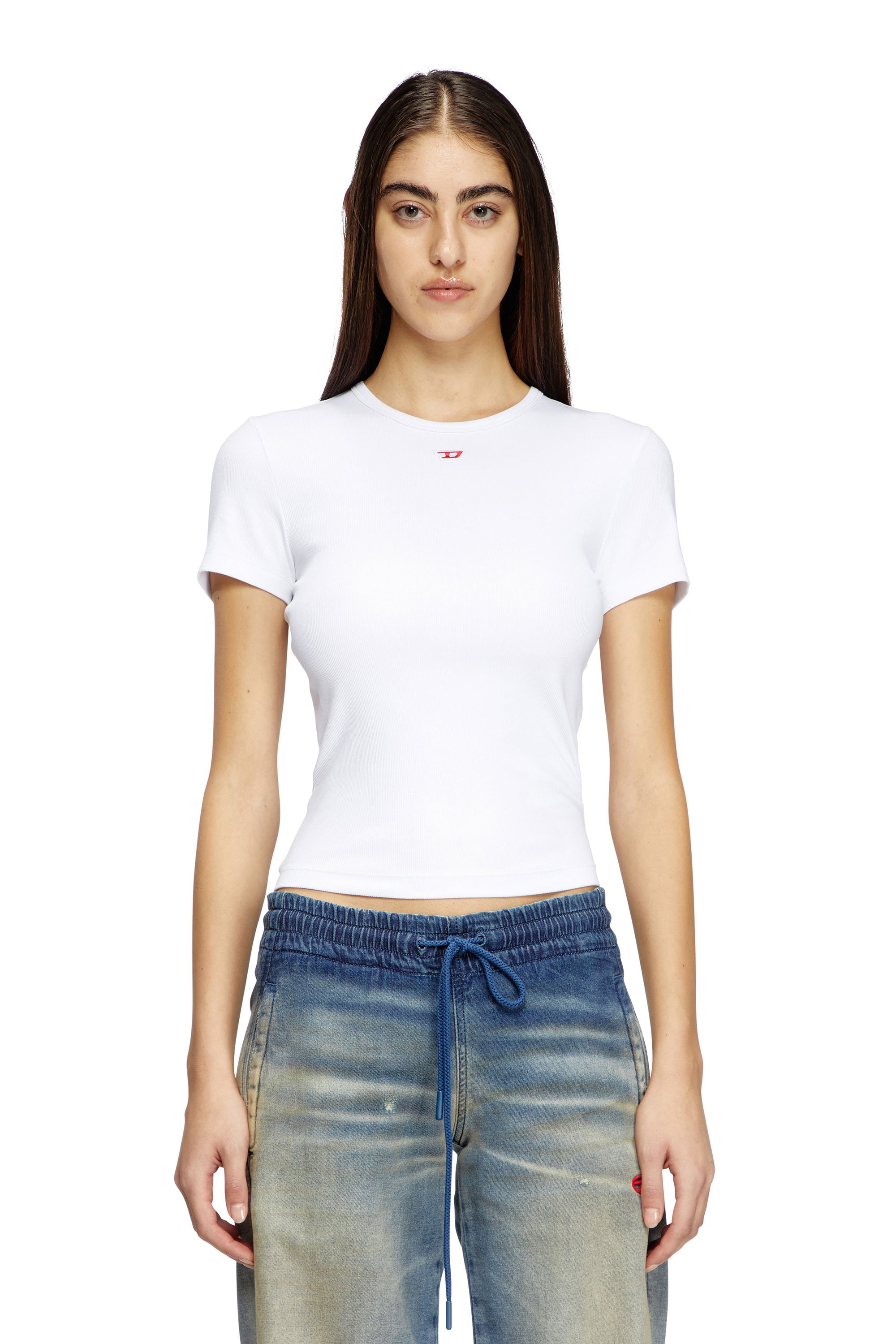 Diesel - T-ELE-LONG-D, Female's T-shirt with D logo patch in White - 1