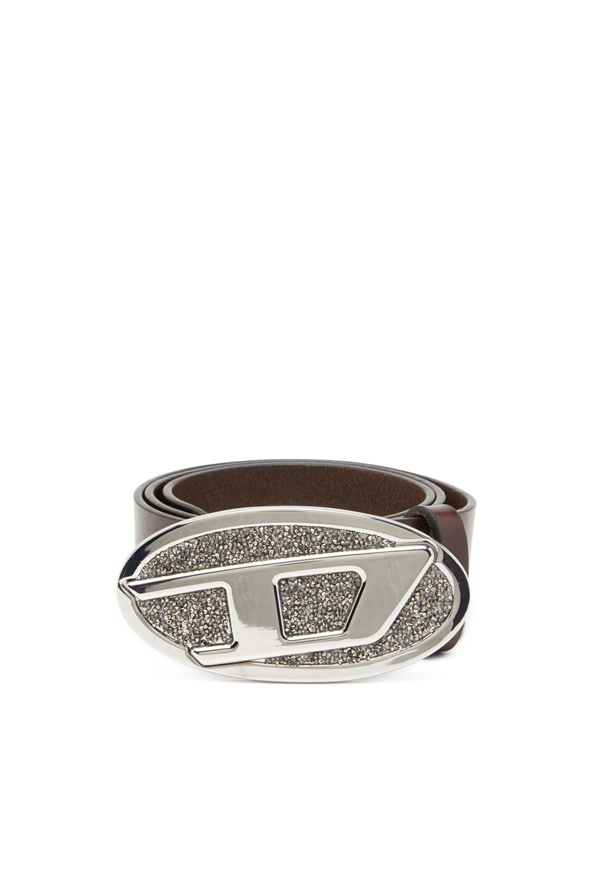 Diesel - B-1DR 2.0 FULL ROCKS, Ceinture en cuir de 4 cm avec boucle Oval D ornée de strass Femme in Marron - 1