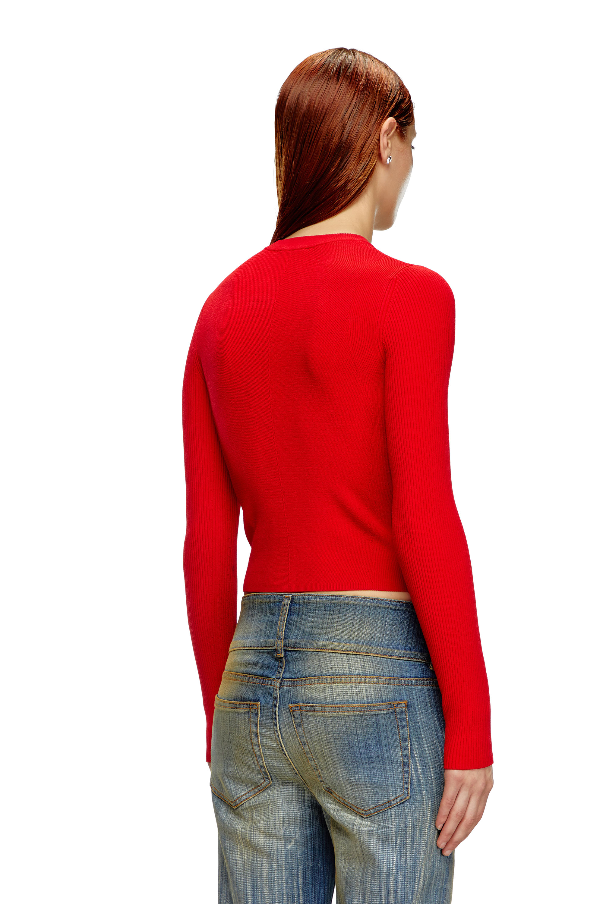 Diesel - M-VALARI, Female's Rib-knit viscose-blend top with Oval D in Red - 3