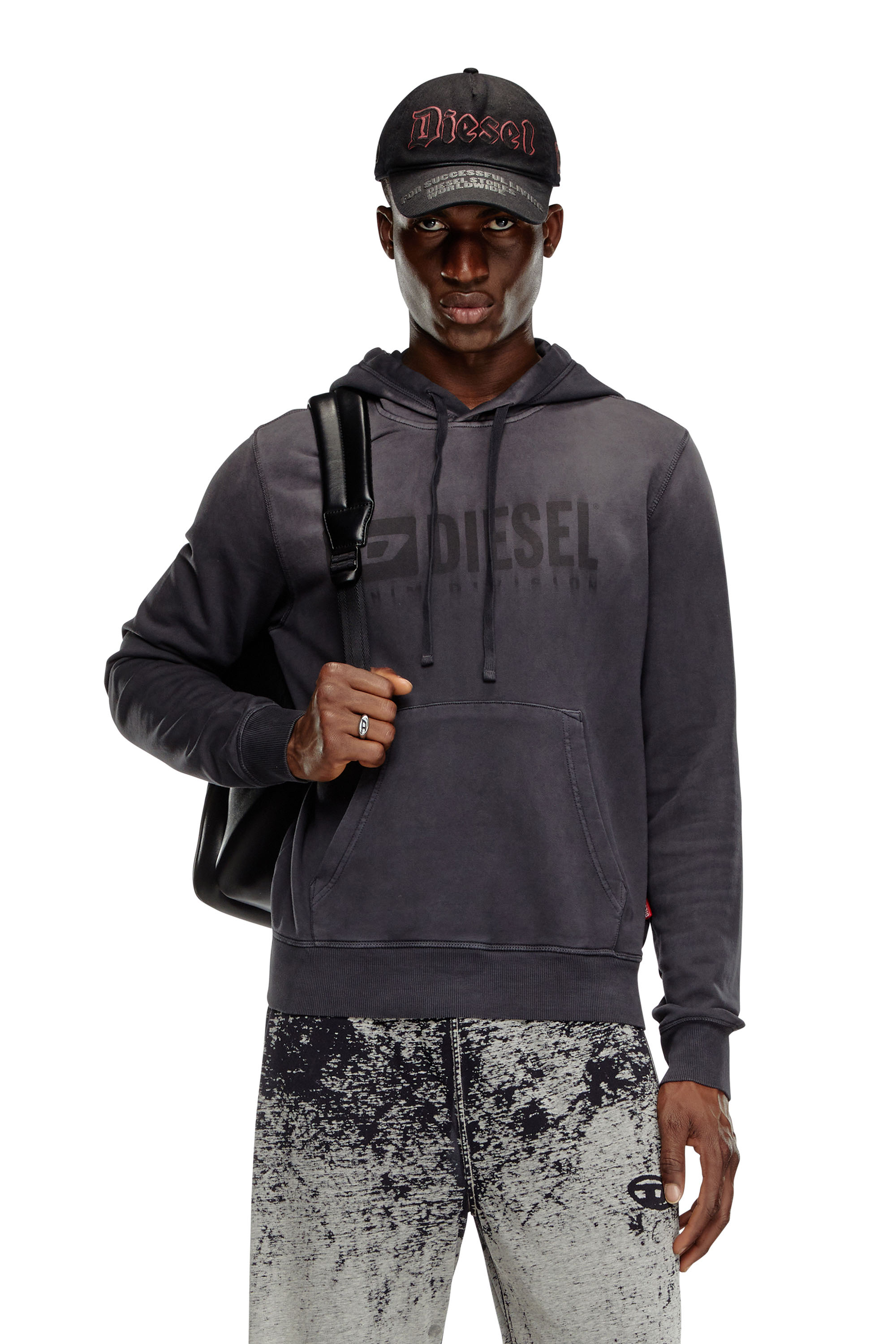 Diesel - S-GINN-HOOD-K44, Sweat-shirt à capuche délavé avec logo Denim Division Homme in Noir - 1