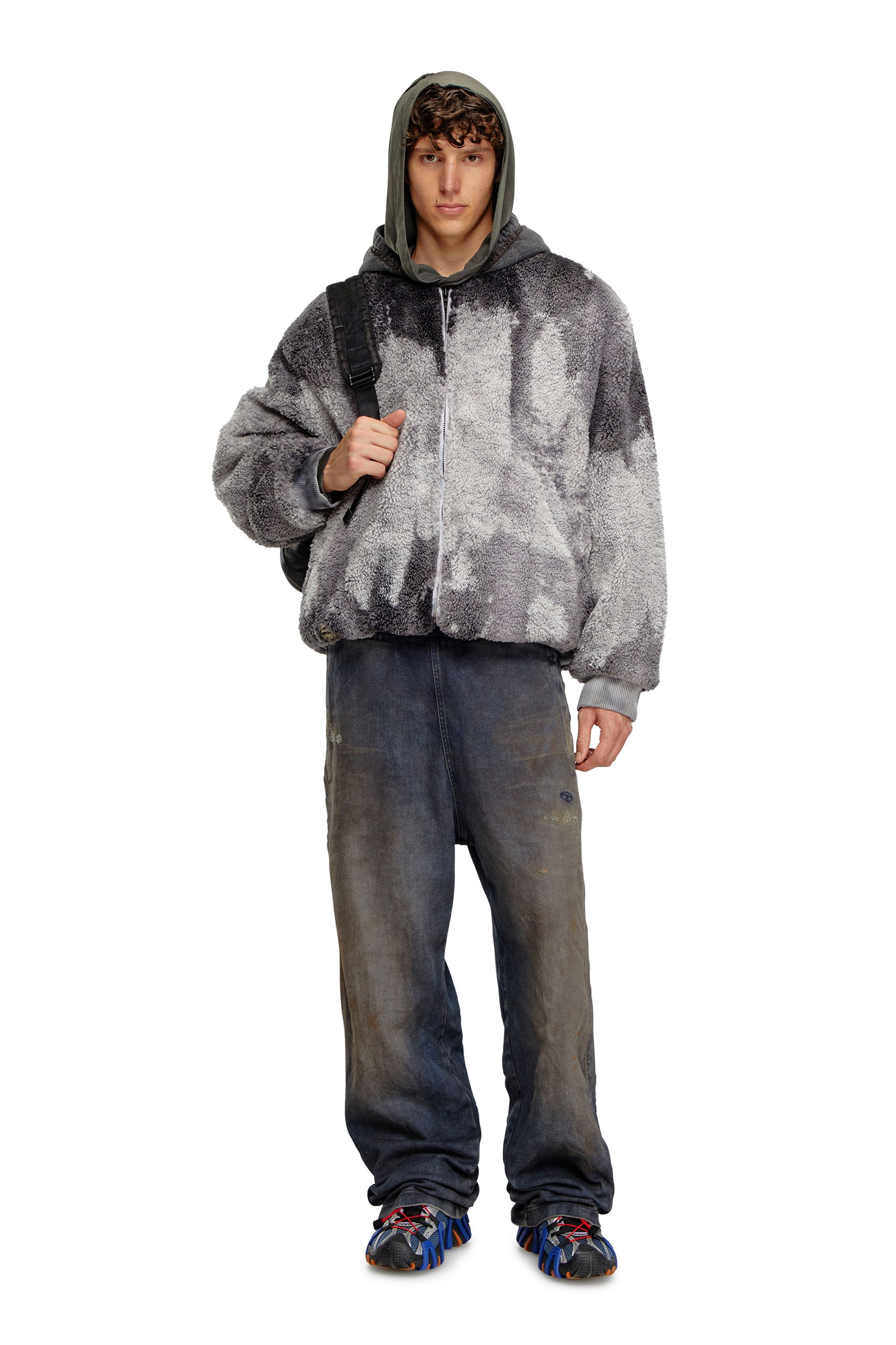 Diesel - S-DEPLA, Male Tie-dyed teddy jacket with denim hood in Grey - Image 2